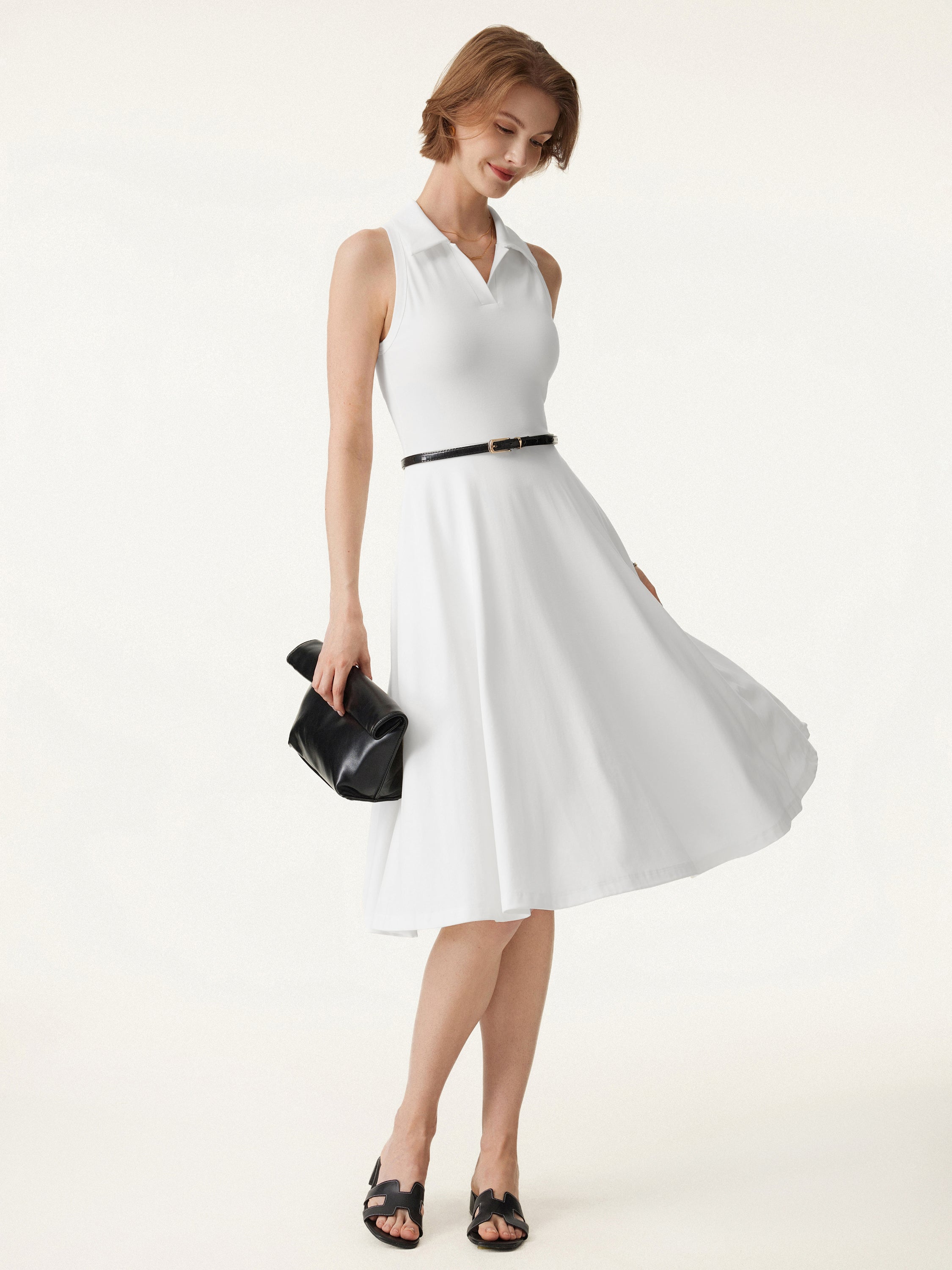 Stretch Cotton Polo Neck Fit-and-flare Midi Brami Dress with Pockets