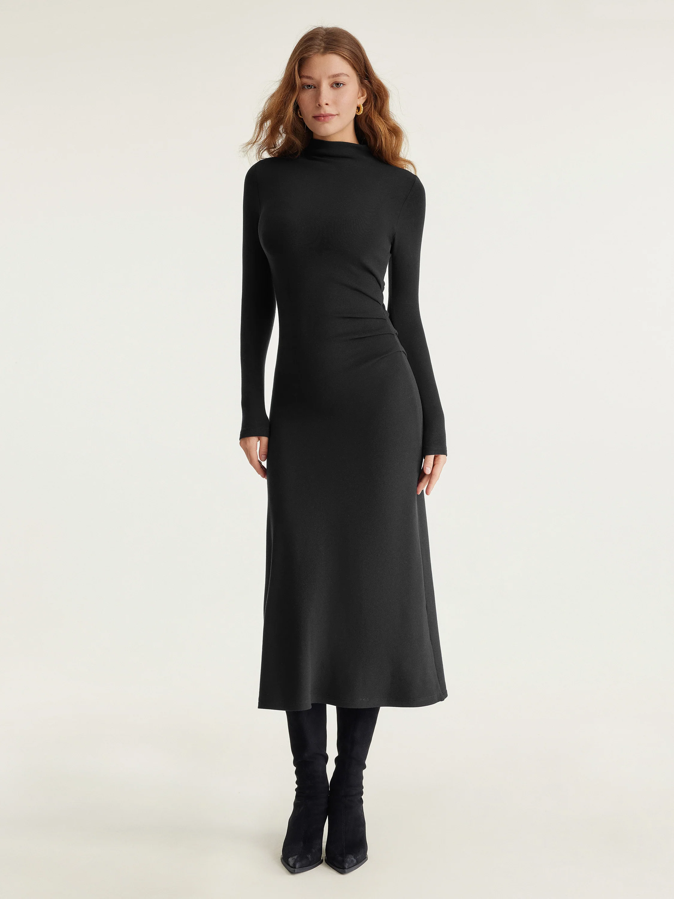 Heat Long Sleeves Mock - neck Tucked Midi Dress