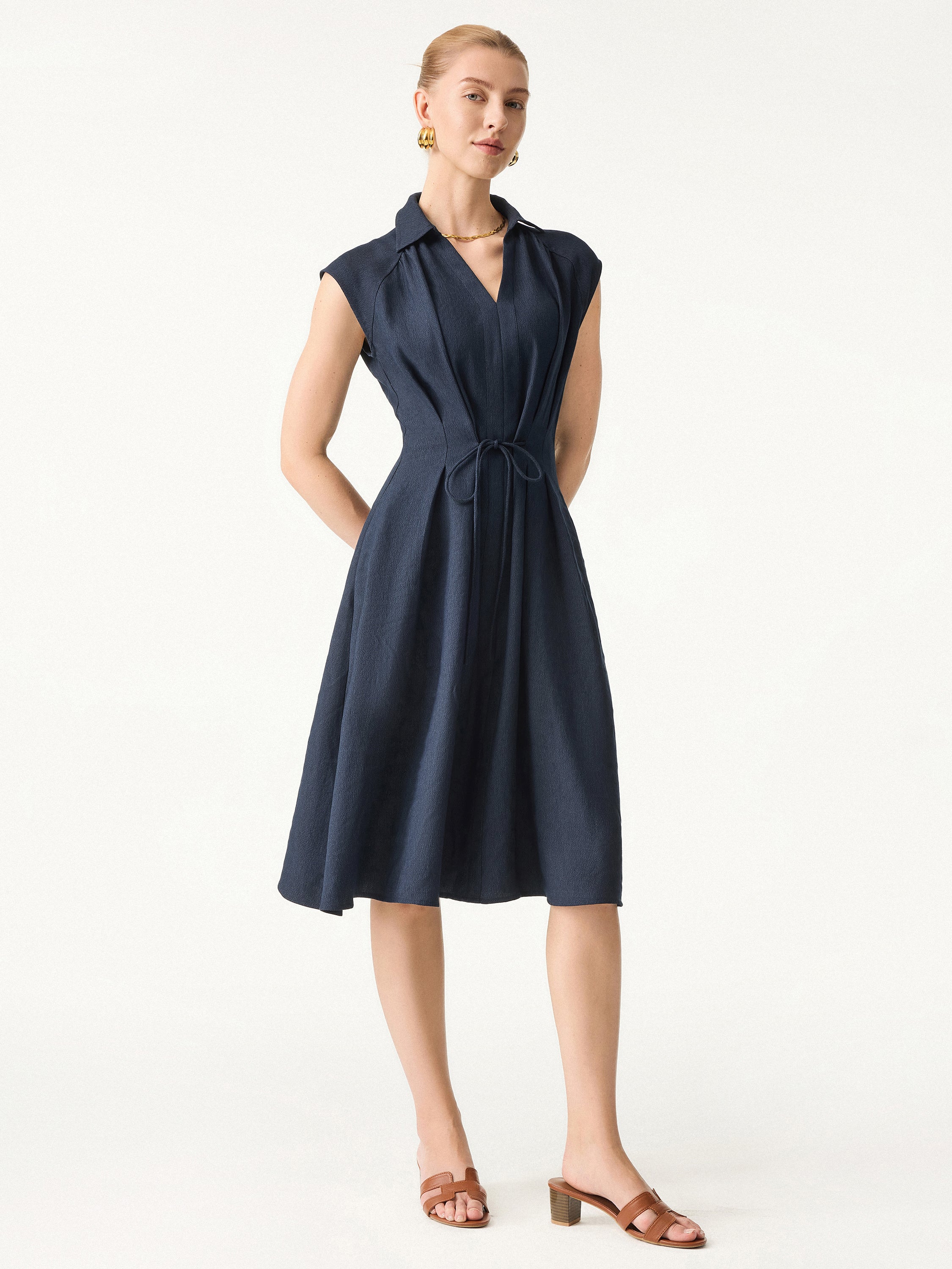 Viscose-Linen Collared V-neck Midi Dress with Drawstring