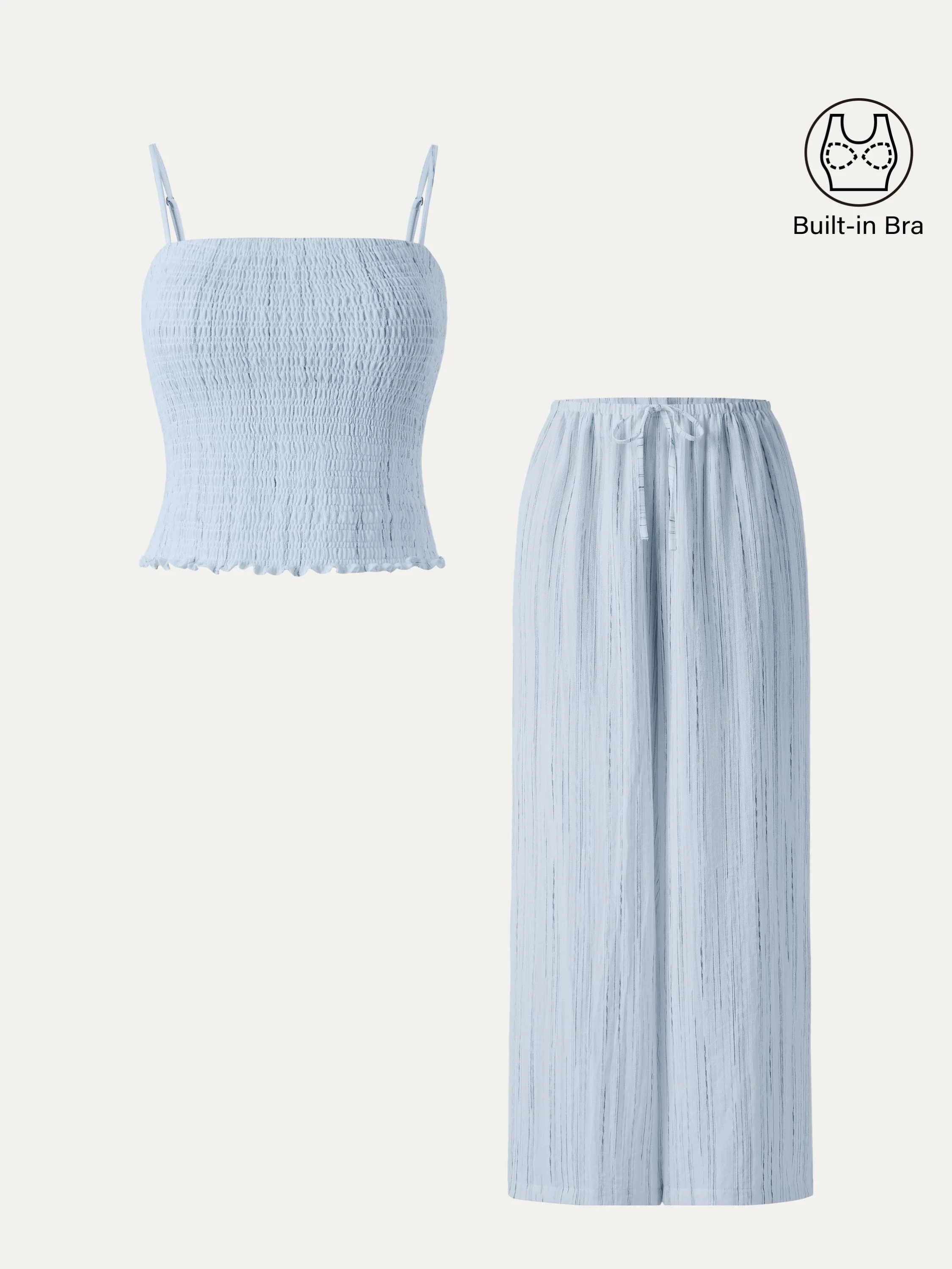 2Pcs Set Striped Adjustable Spaghetti Brami &  Striped Wide Leg Pants with Pockets