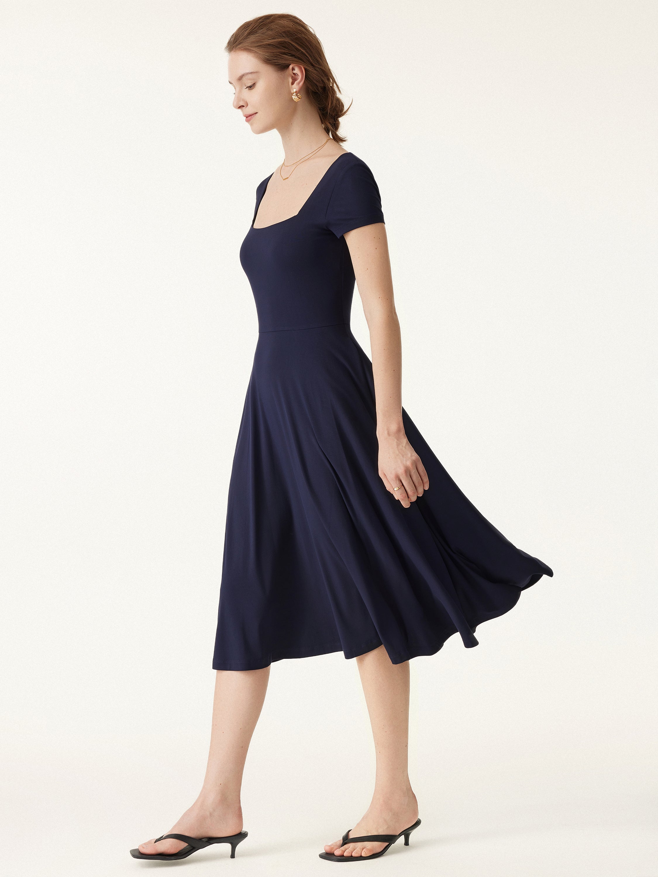 Flowy Square Neck Short Sleeve Midi Brami Dress