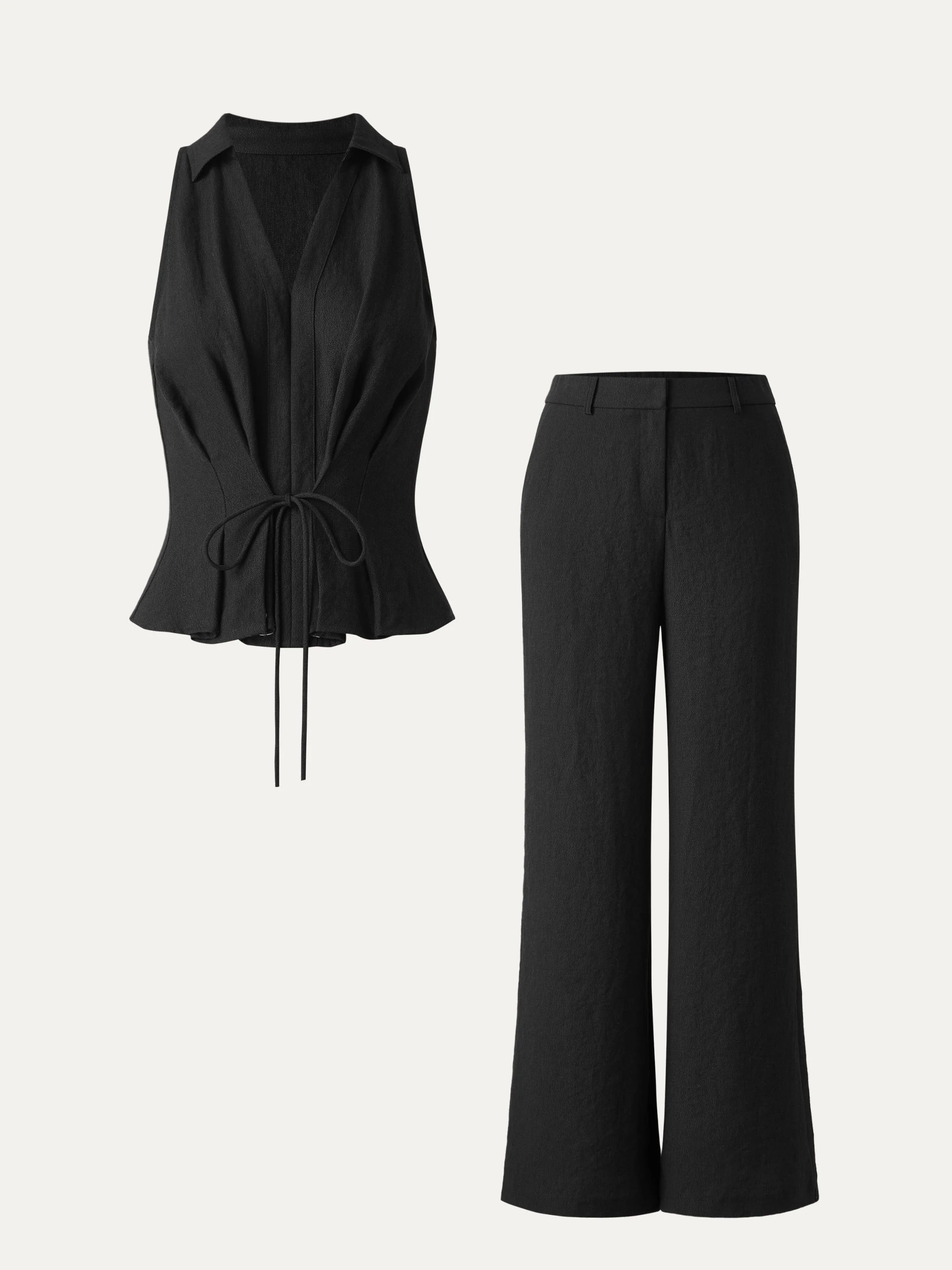 2-Piece Set: Collared V-Neck Sleeveless Top and Mid-Rise Flared Pants with Pockets