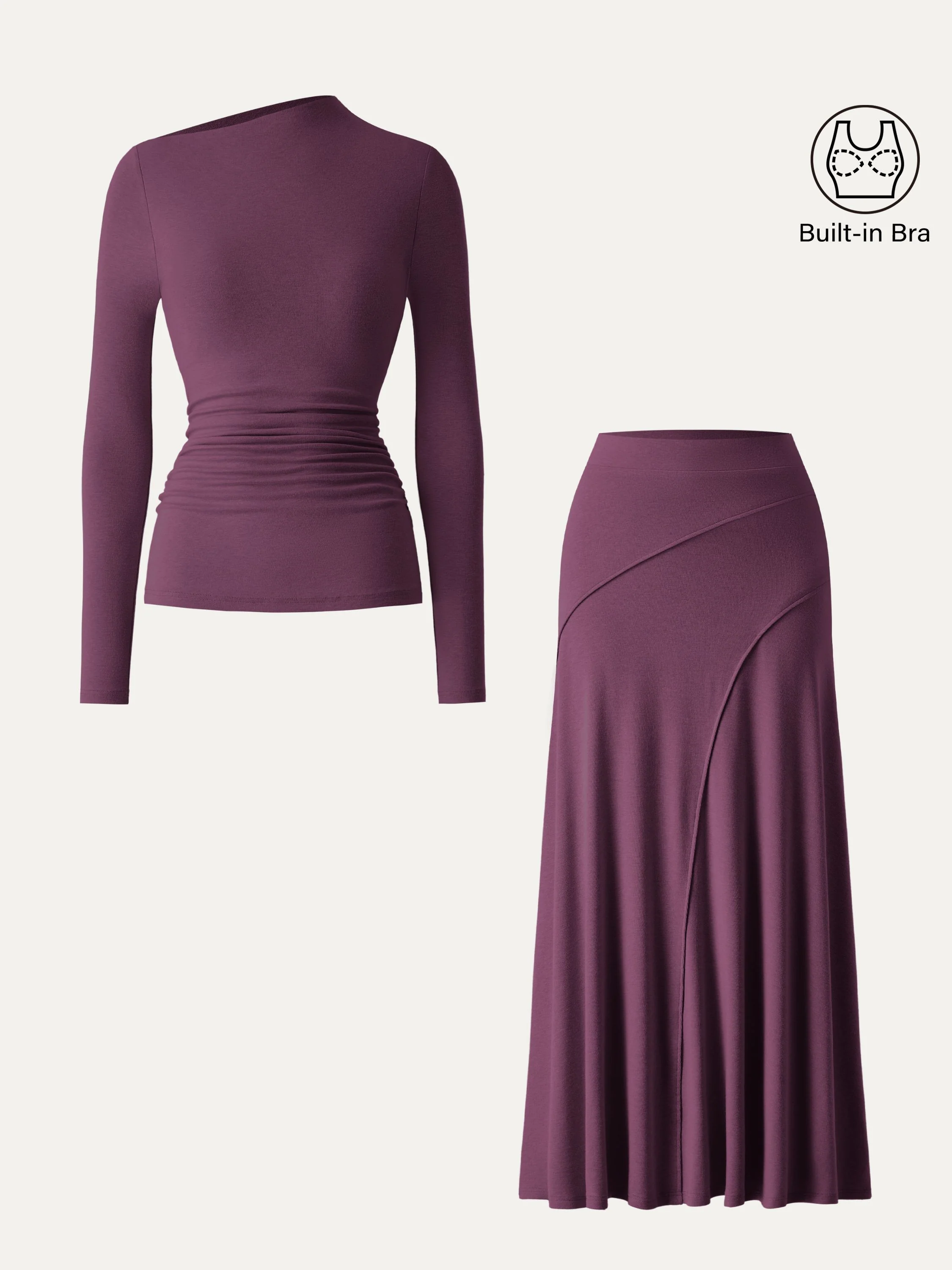 2-Piece Set: Slanted Mockneck Ruched Bra Top & Mid-Rise Pull-On Flared Maxi Skirt