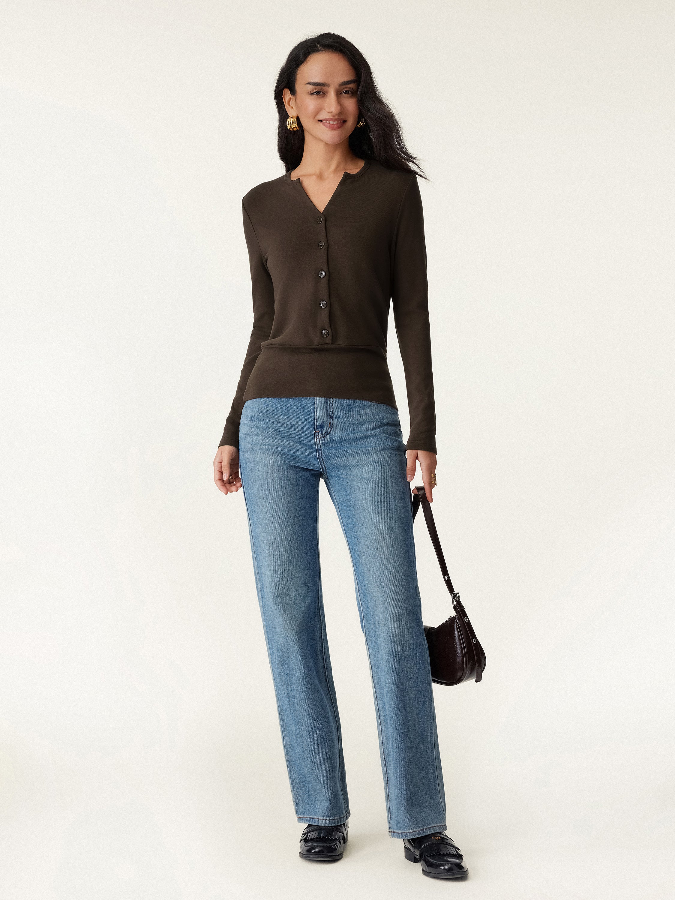 V-Neck Long Sleeve Half-Placket Top