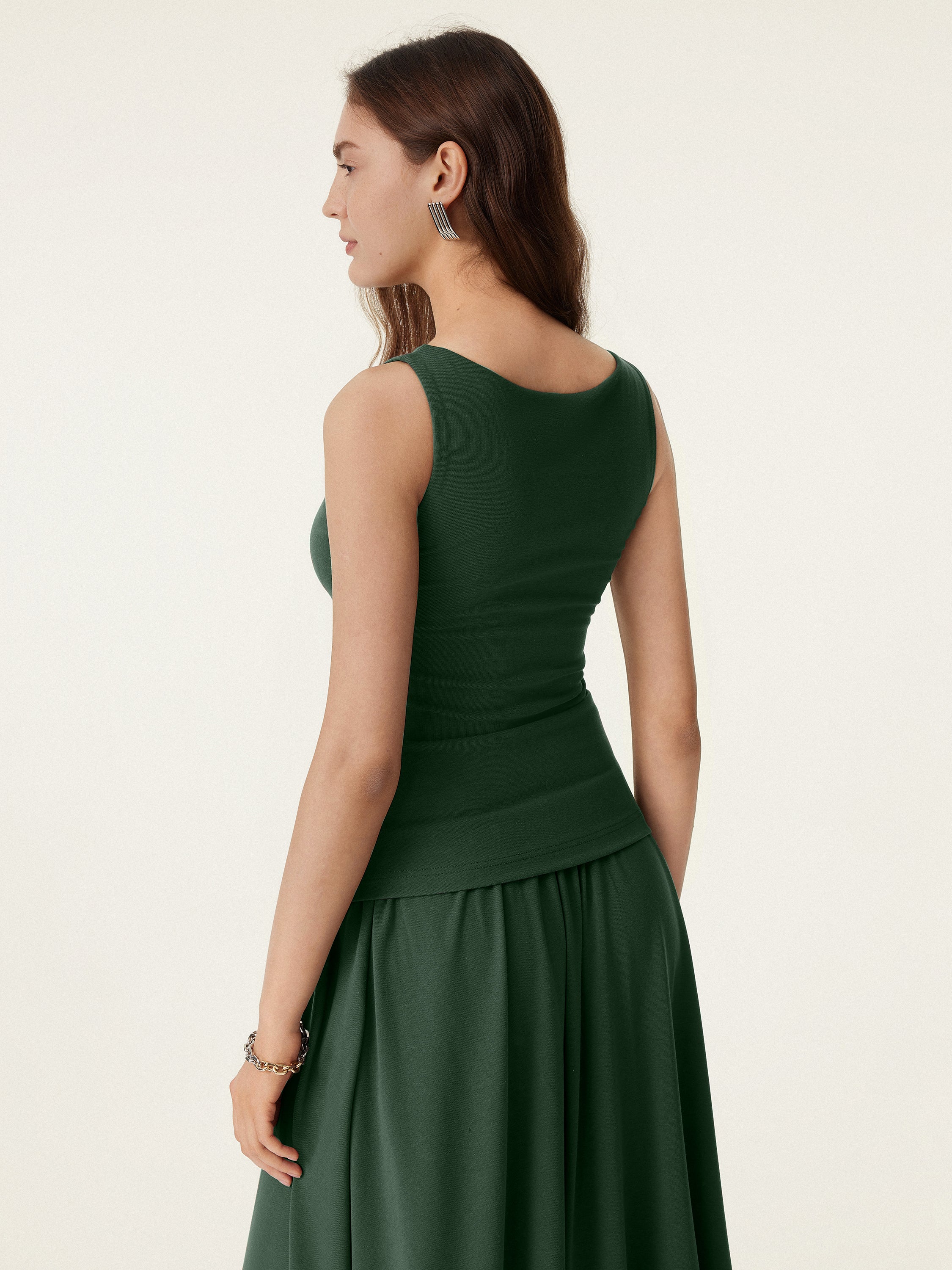 2Pcs Set Stretch Cotton Boatneck Brami Tank & Maxi Umbrella Skirt with Pockets