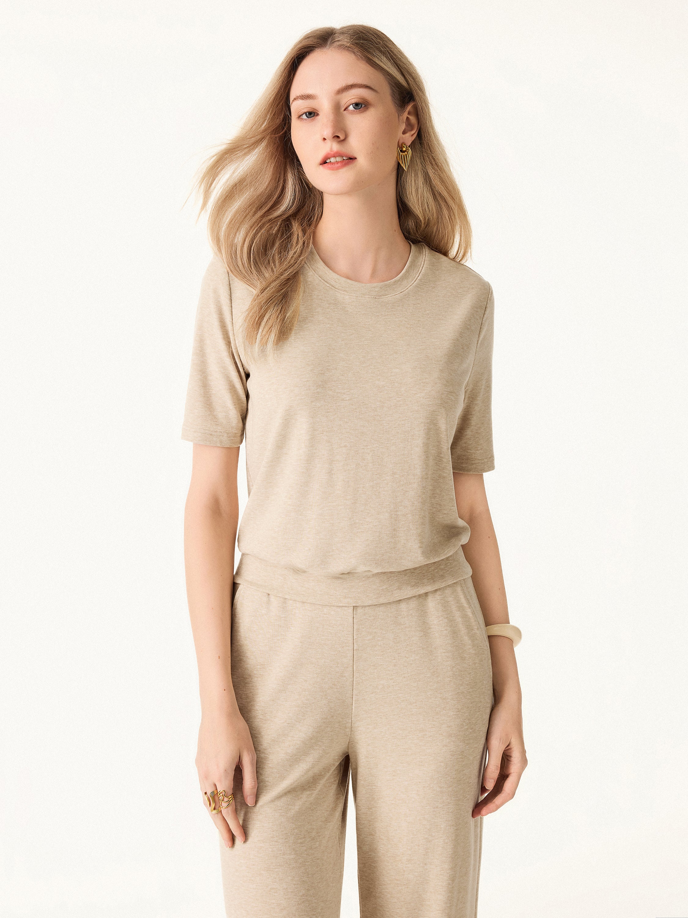 2Pcs Set Crewneck Brami with Banded Hem & Mid Rise Wide Leg Petite Pants with Pockets