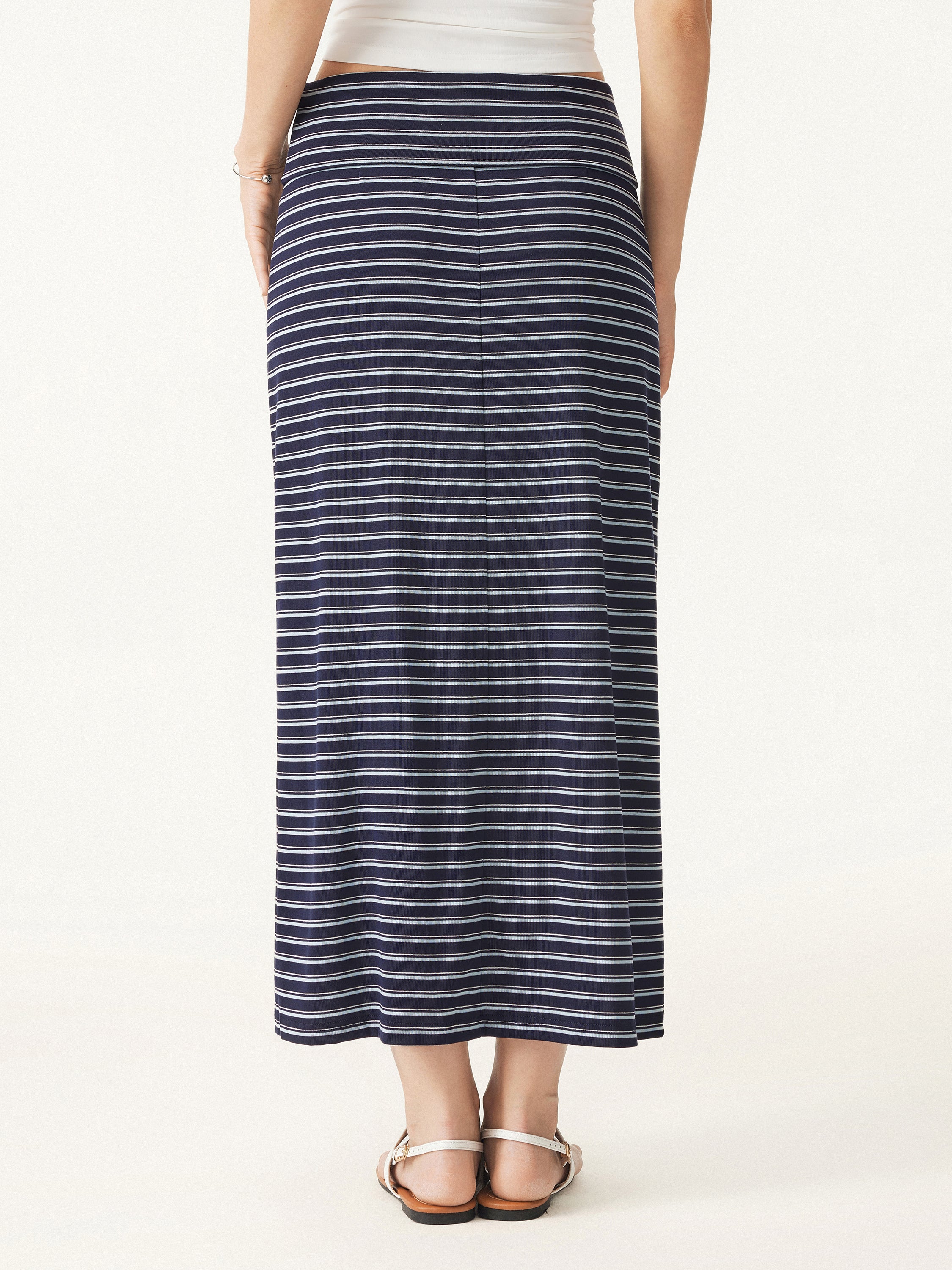Low Rise Folded Waist Striped Mid-length Skirt