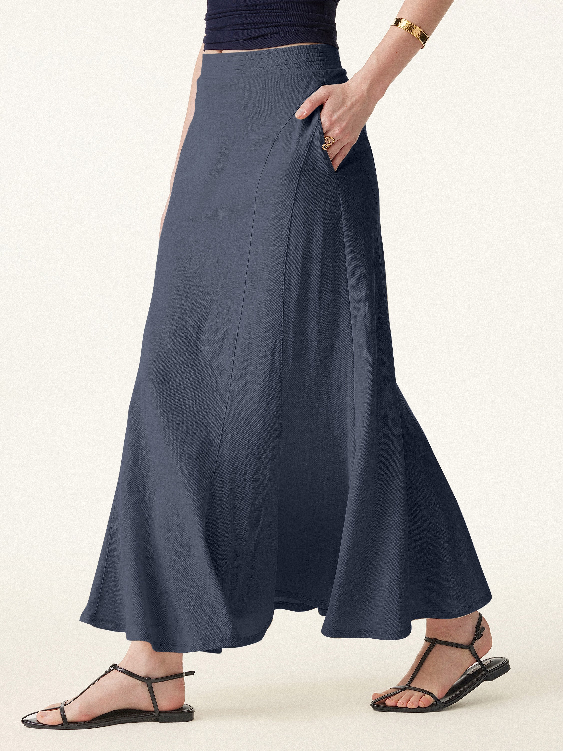 Wrinkle-resistant Cotton Linen Pull-on Midi Skirt
