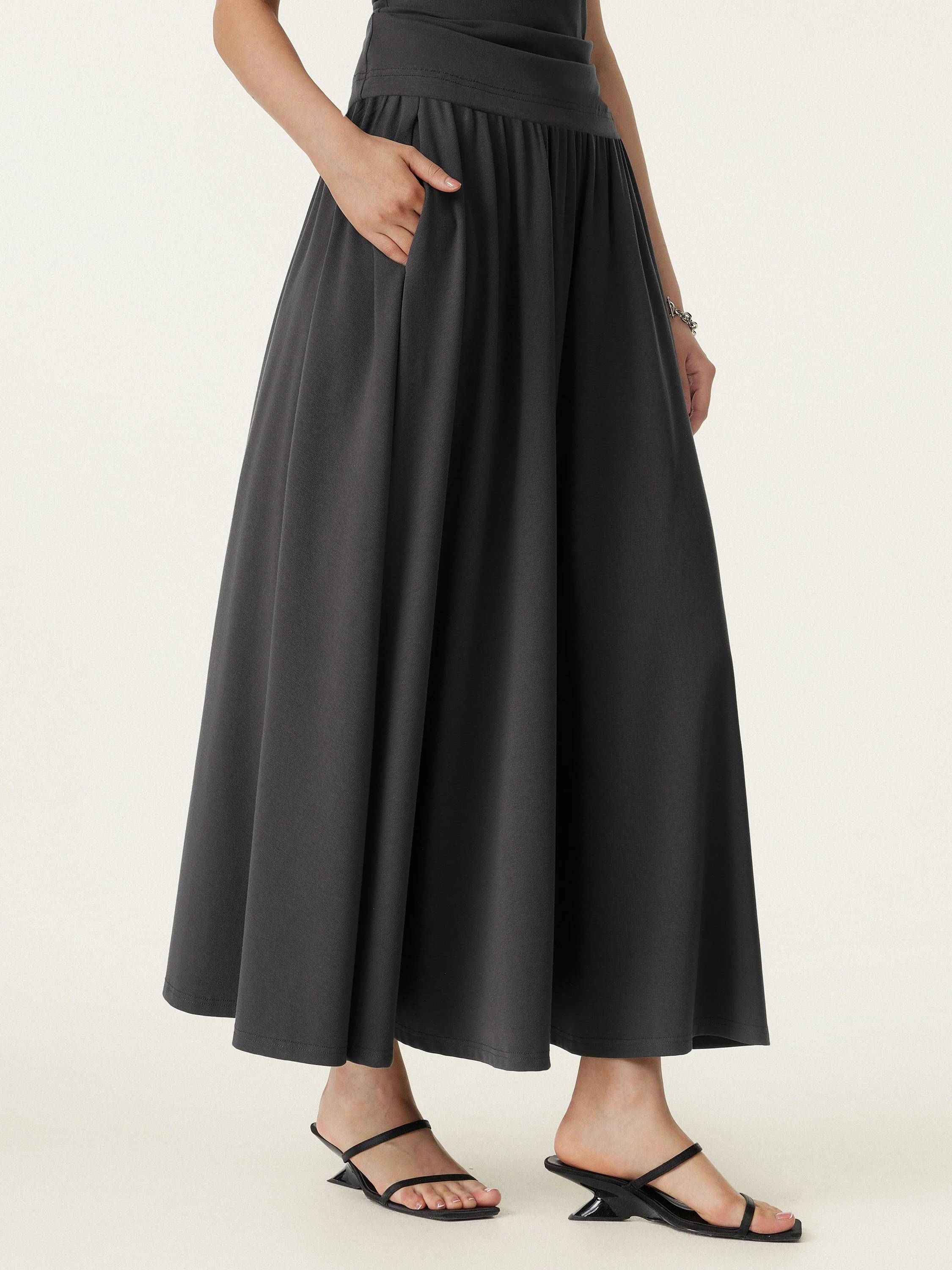 Stretch Cotton Maxi Umbrella Skirt with Pockets