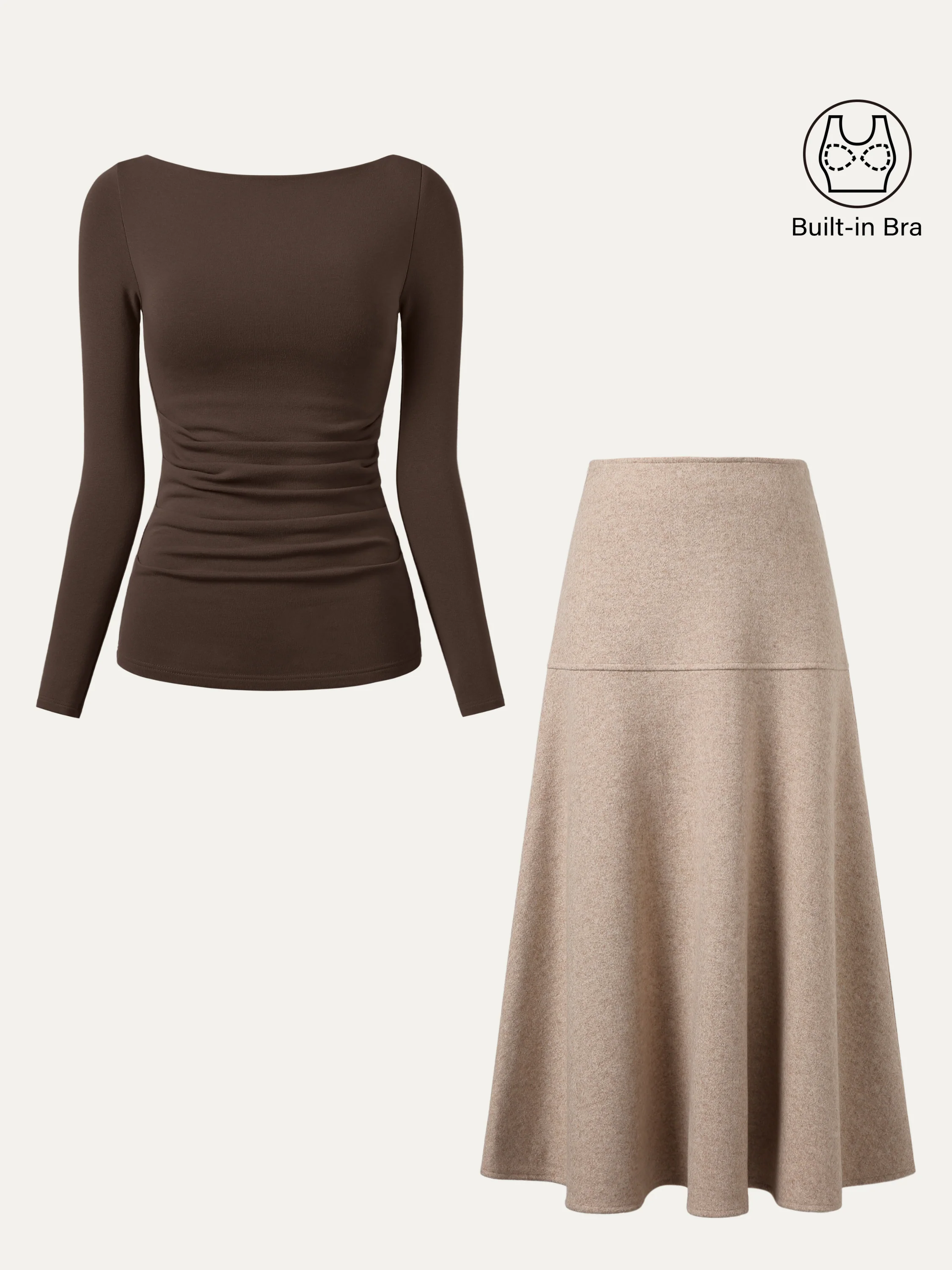 2-Piece Set: Boatneck Tucked Bra Top & Flared Maxi Skirt