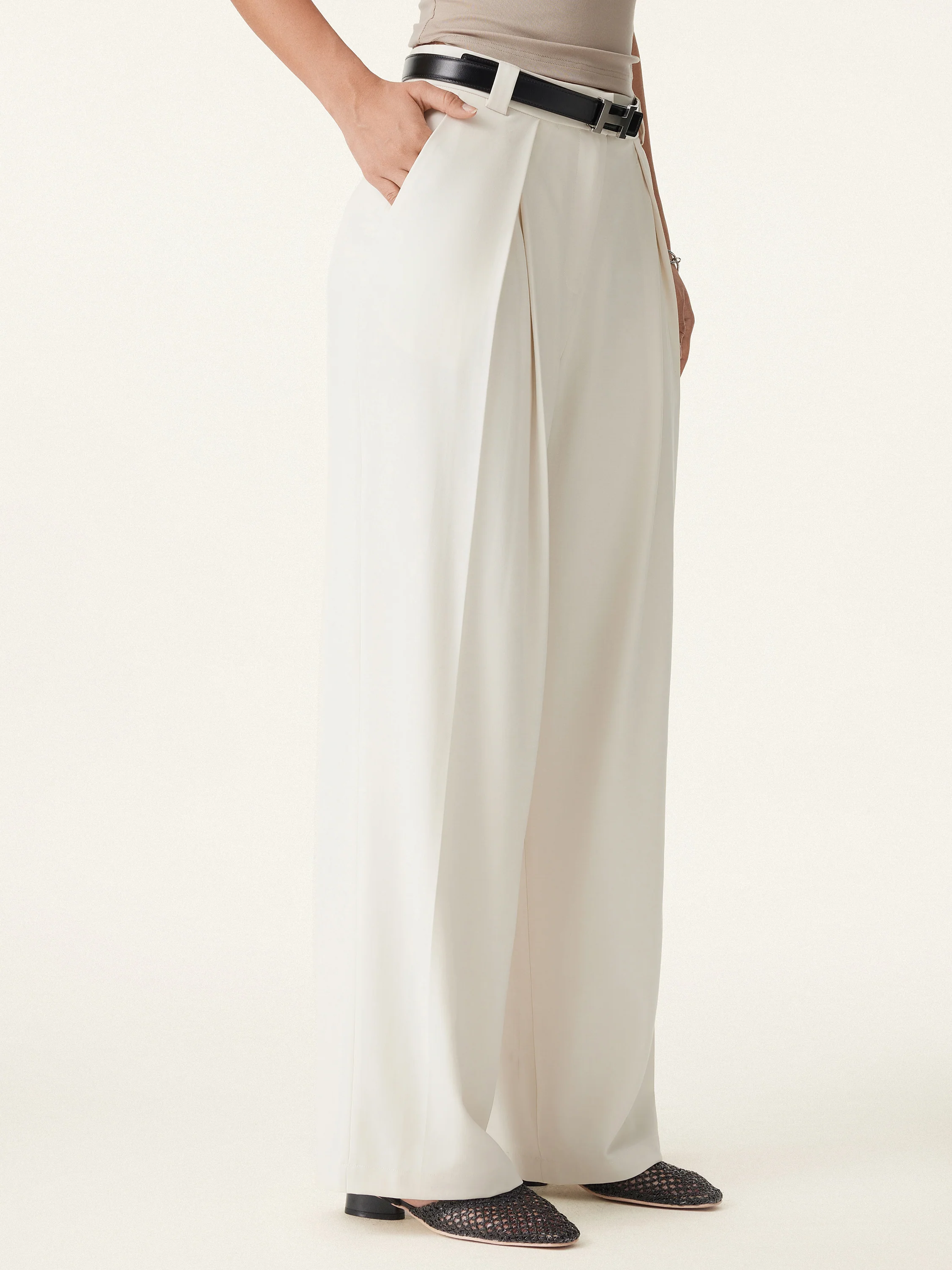 Tencel-Linen Pants Wrinkle-Free Tucked Wide Leg Trouser