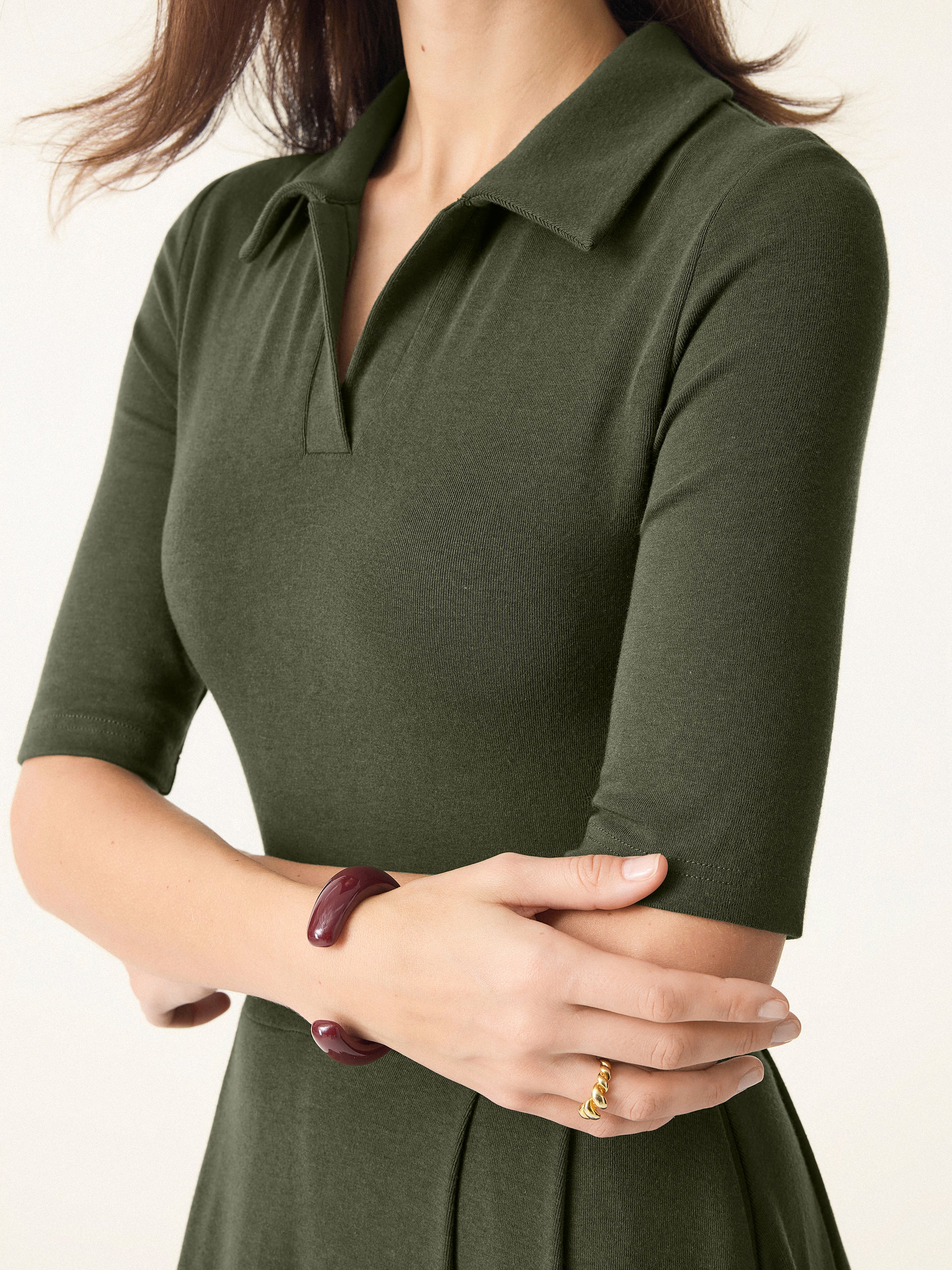 Polo Neck Elbow-Length Sleeve Midi Dress with Pockets