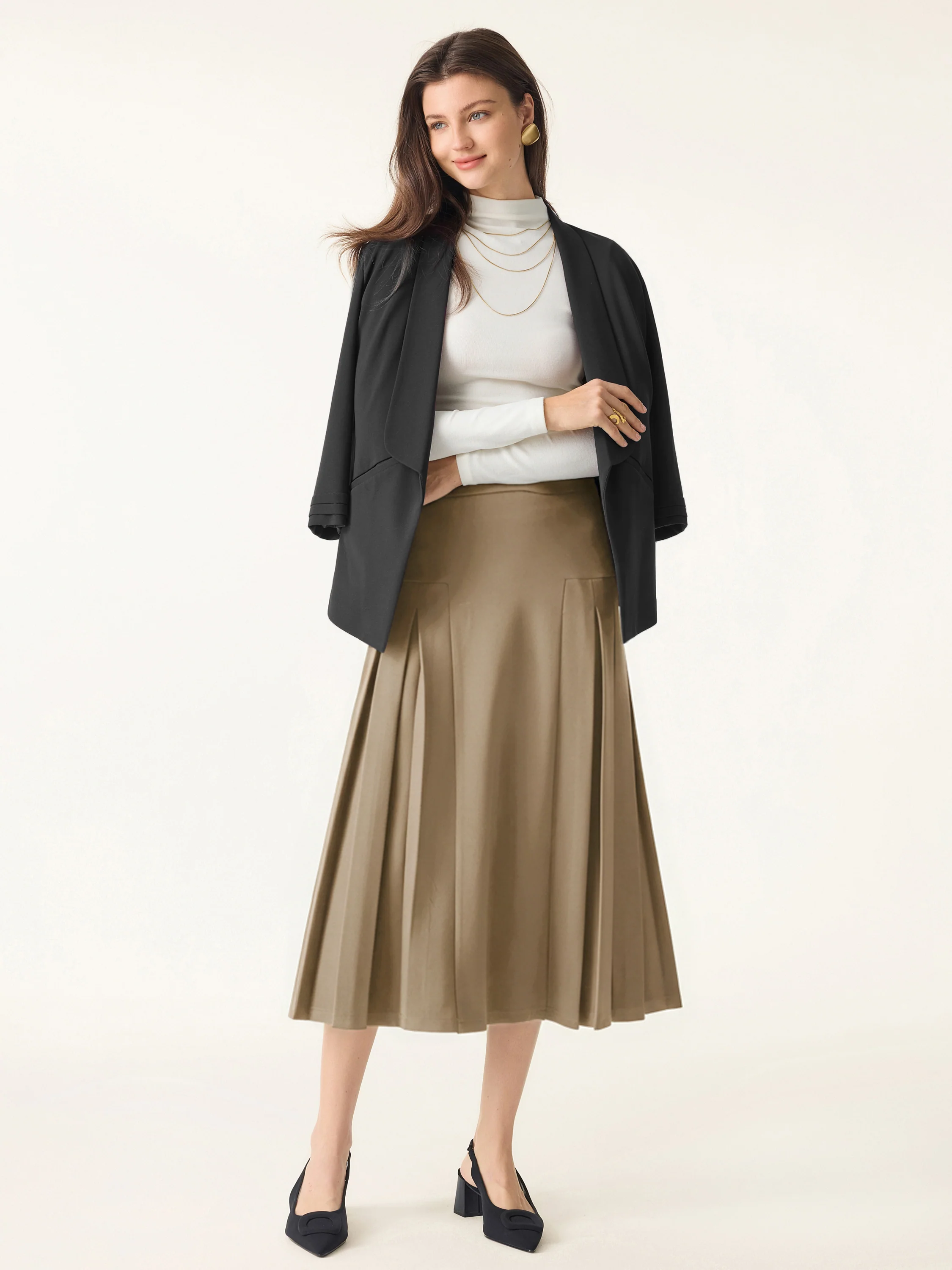 Stretch Ponte Pleated A-line Midi Fitted Skirt