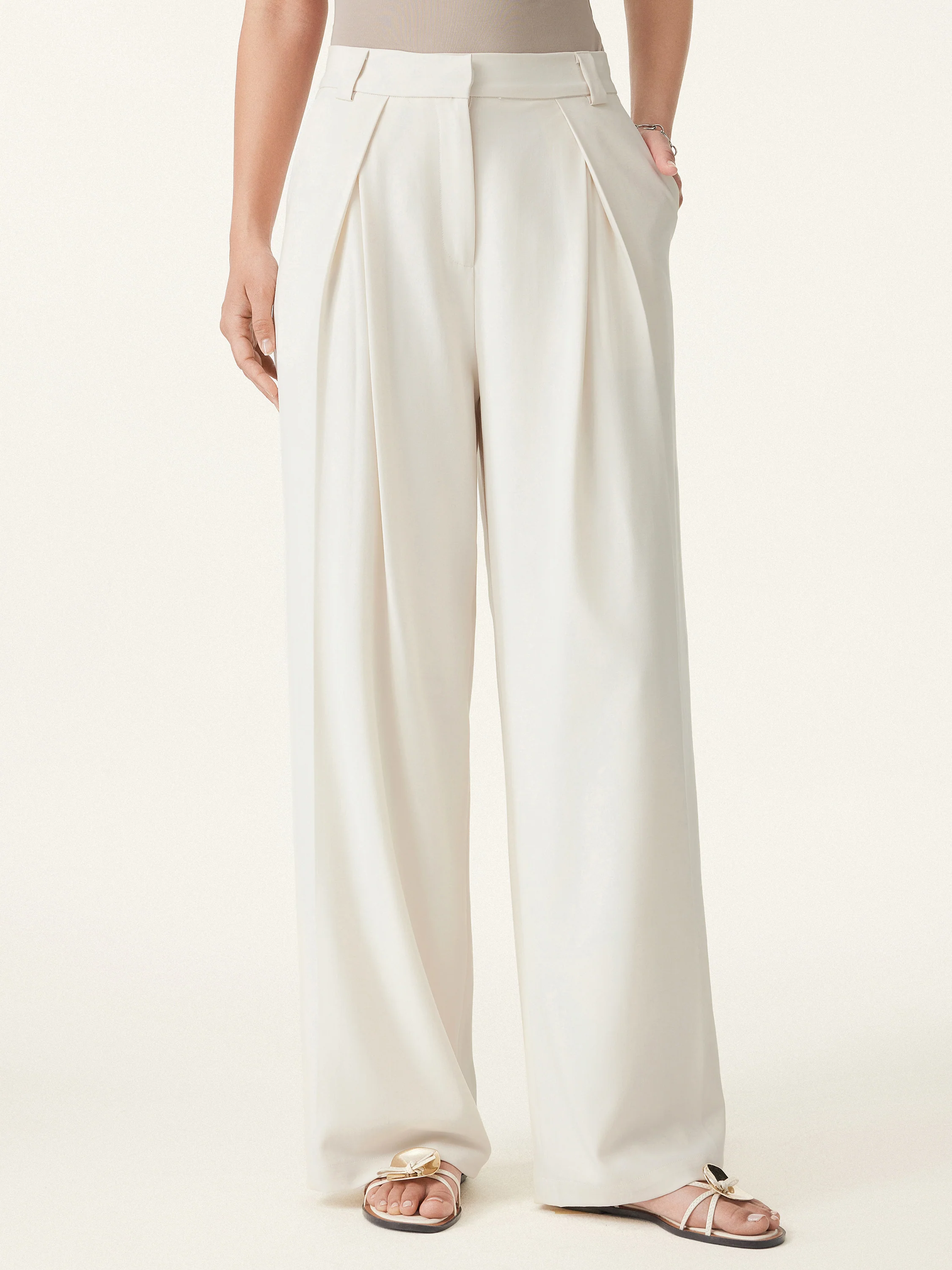 Tencel-Linen Pants Wrinkle-Free Tucked Wide Leg Trouser