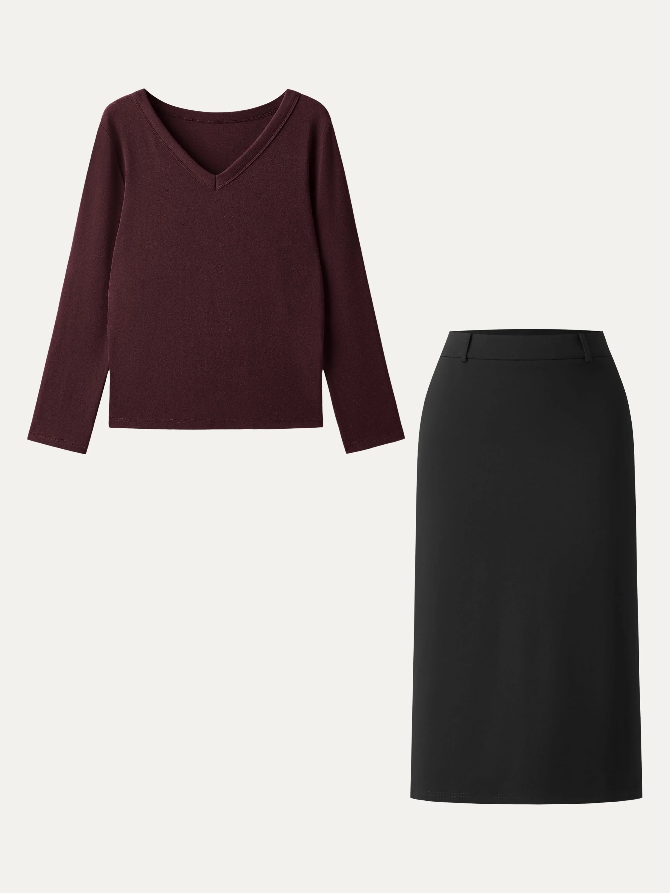 2Pcs Set V-neck Long Sleeve Top & A-line Midi Skirt with Zippered Pockets