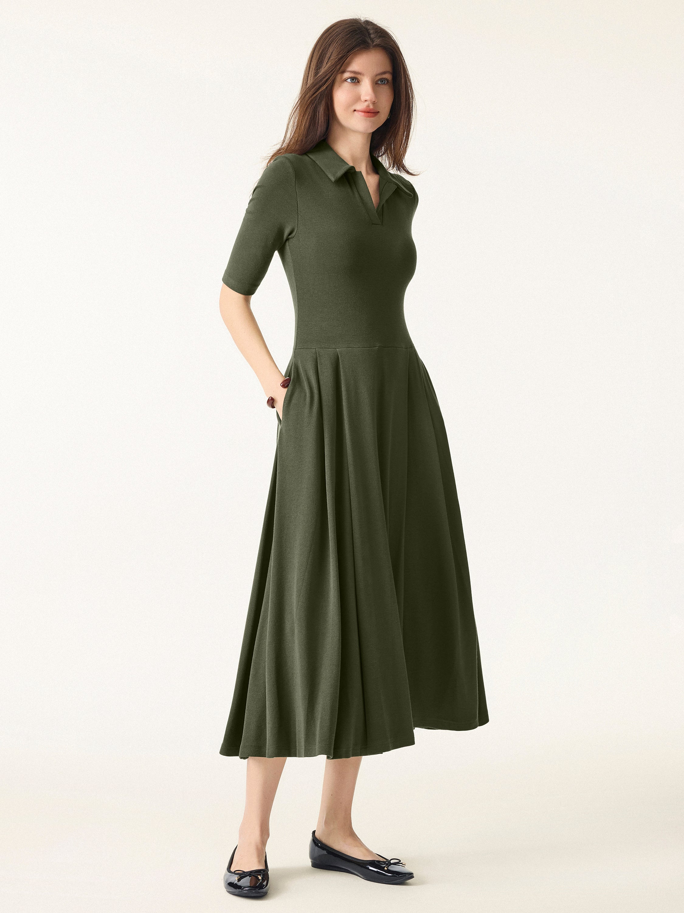 Polo Neck Elbow-Length Sleeve Midi Dress with Pockets