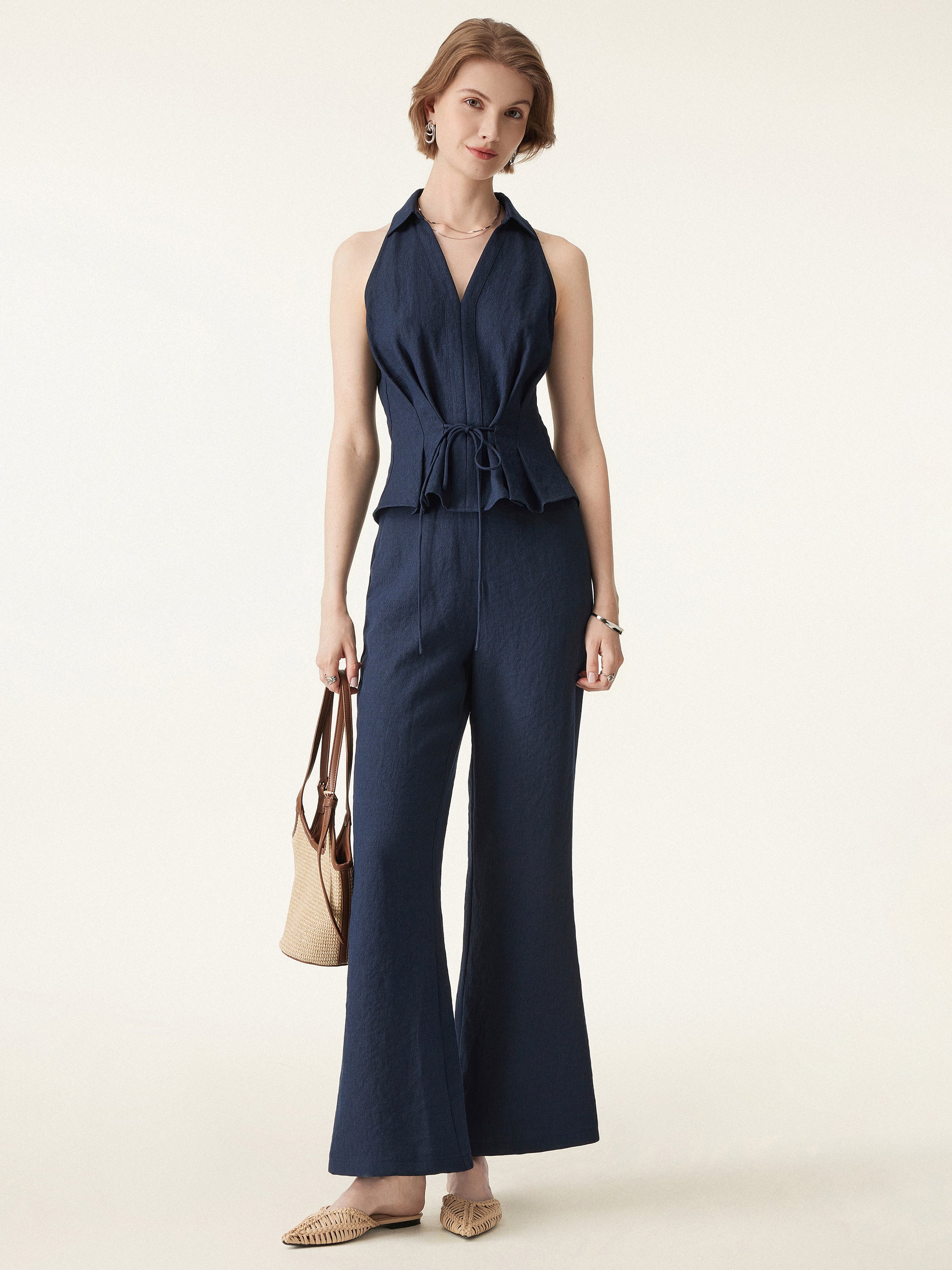 2-Piece Set: Collared V-Neck Sleeveless Top and Mid-Rise Flared Pants with Pockets