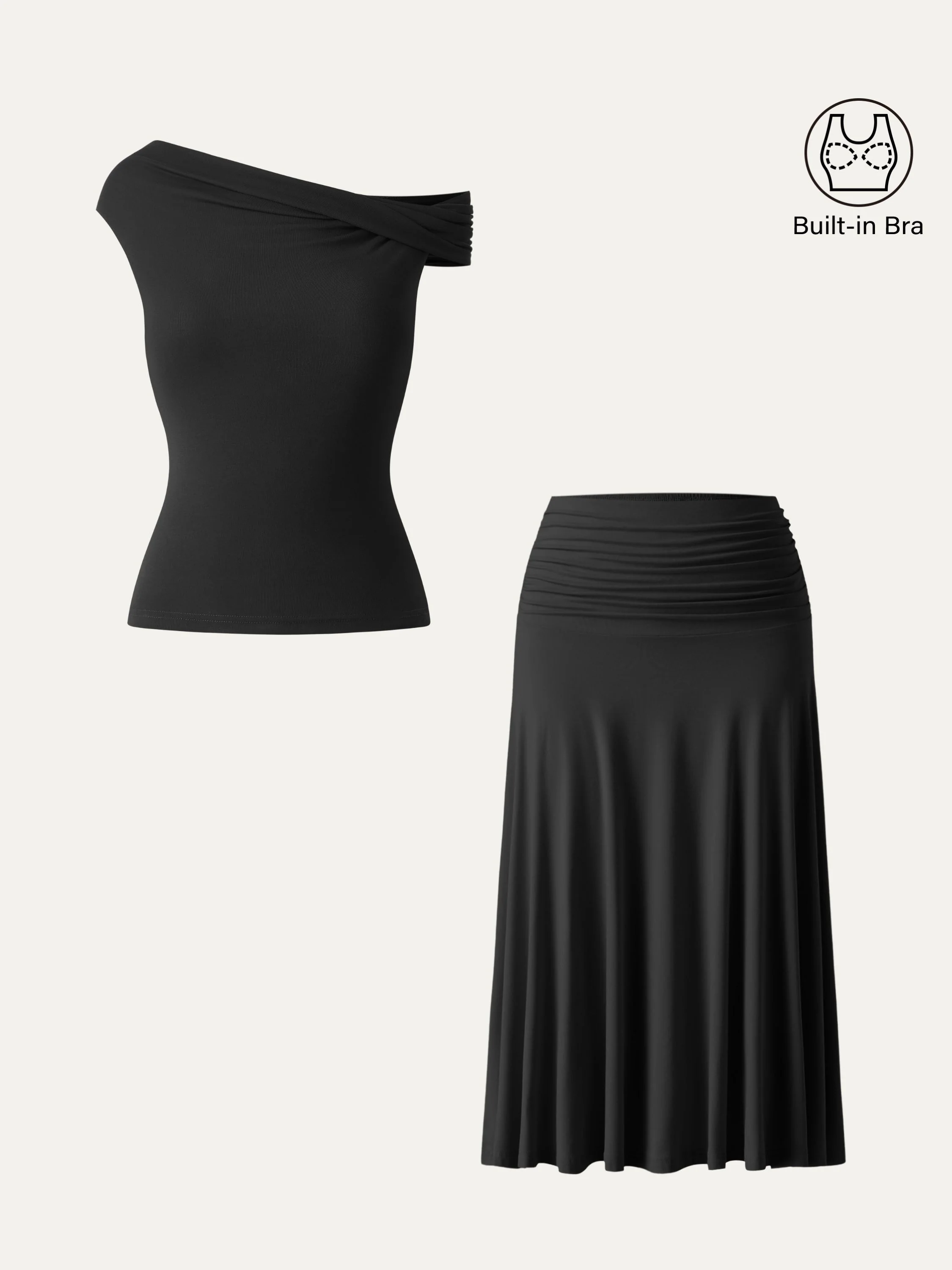 2-Piece Set: Multi-Wear Versatile Neckline Bra Top & Flowy Side-Ruched A-Line Midi Skirt