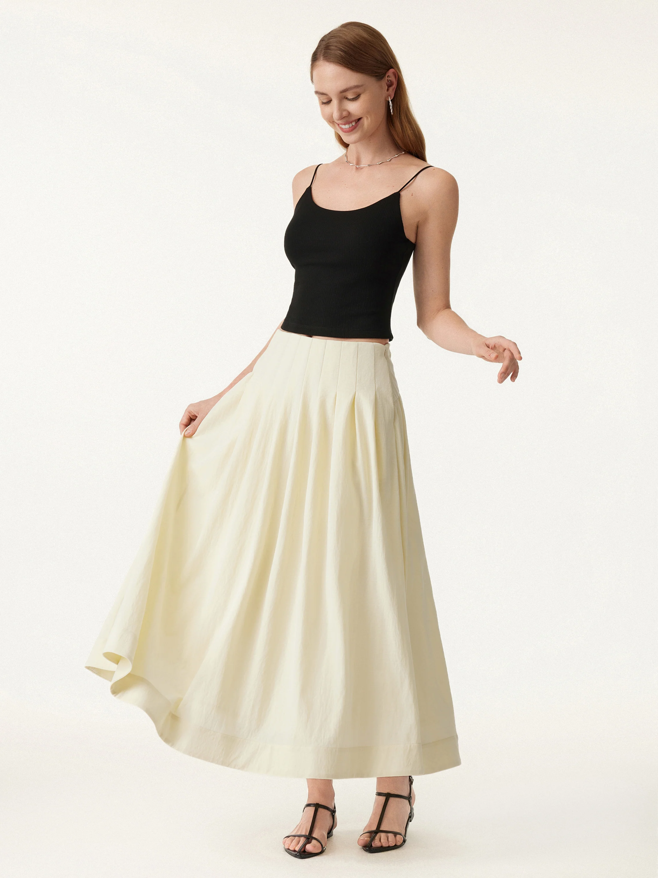 Wrinkle-resistant Cotton-linen Mid-rise Pleated Midi Skirt