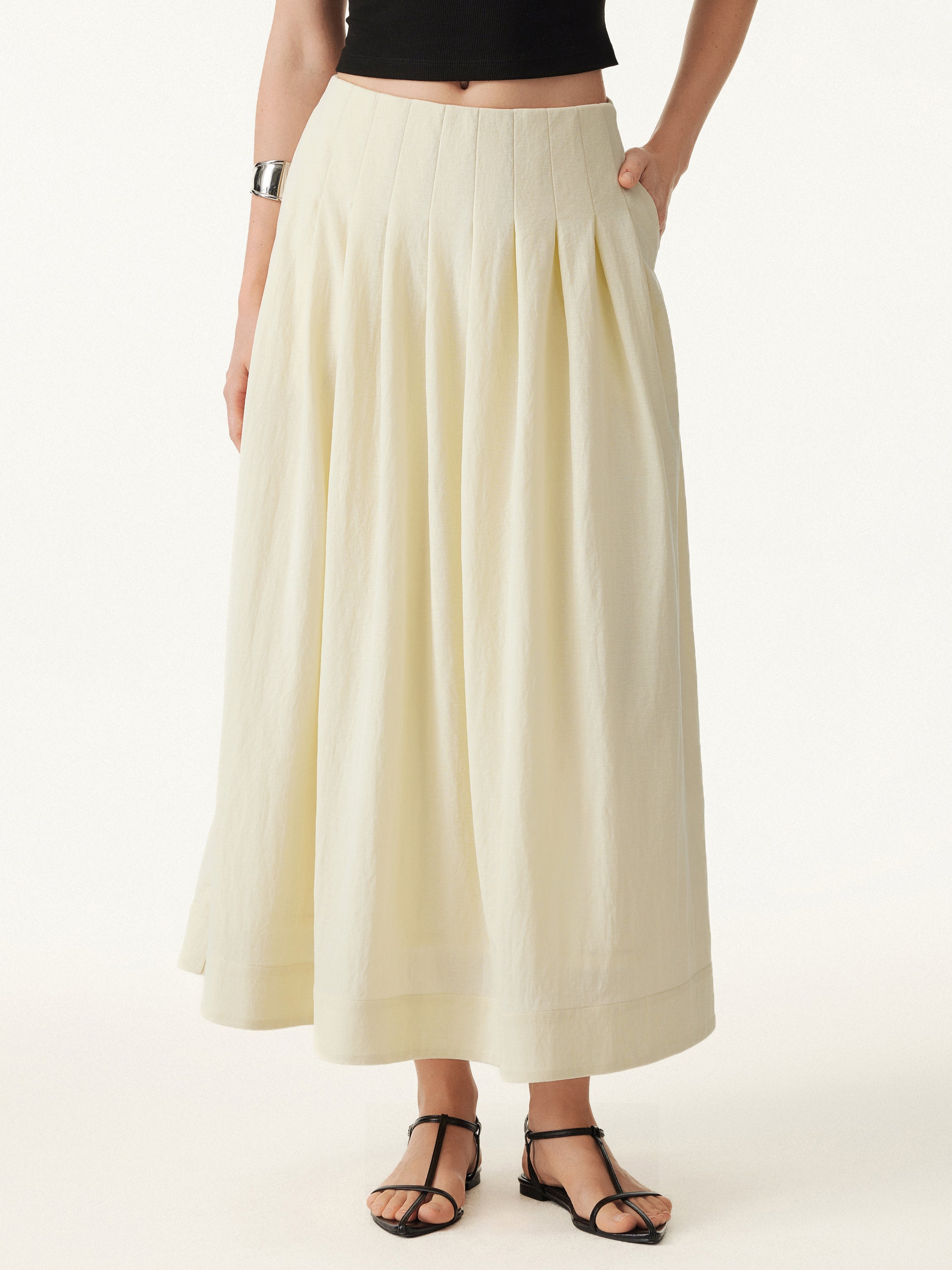 Wrinkle-resistant Cotton-linen Mid-rise Pleated Midi Skirt