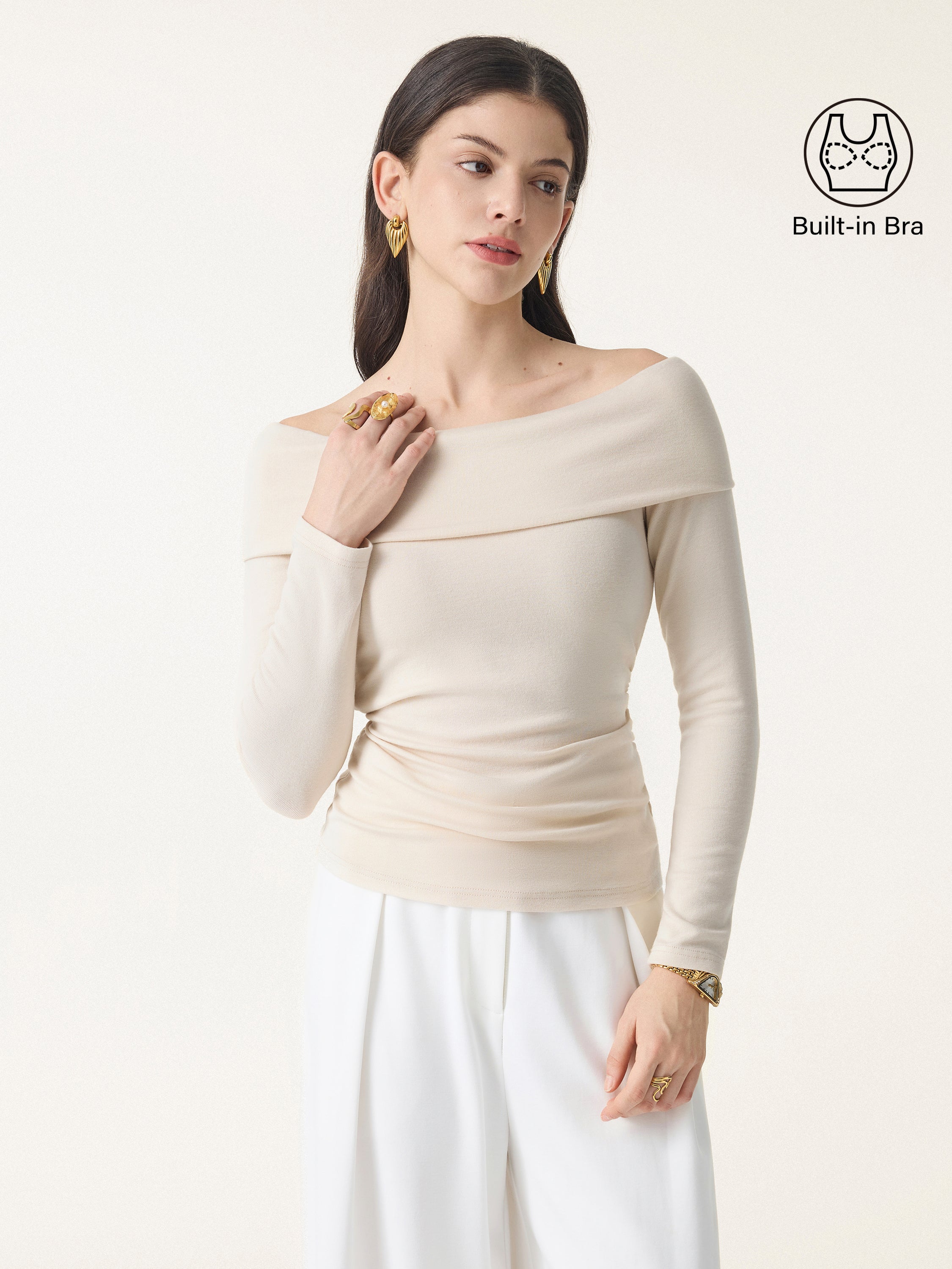 Off-the-Shoulder Long-Sleeve Side-Ruched Crop Top