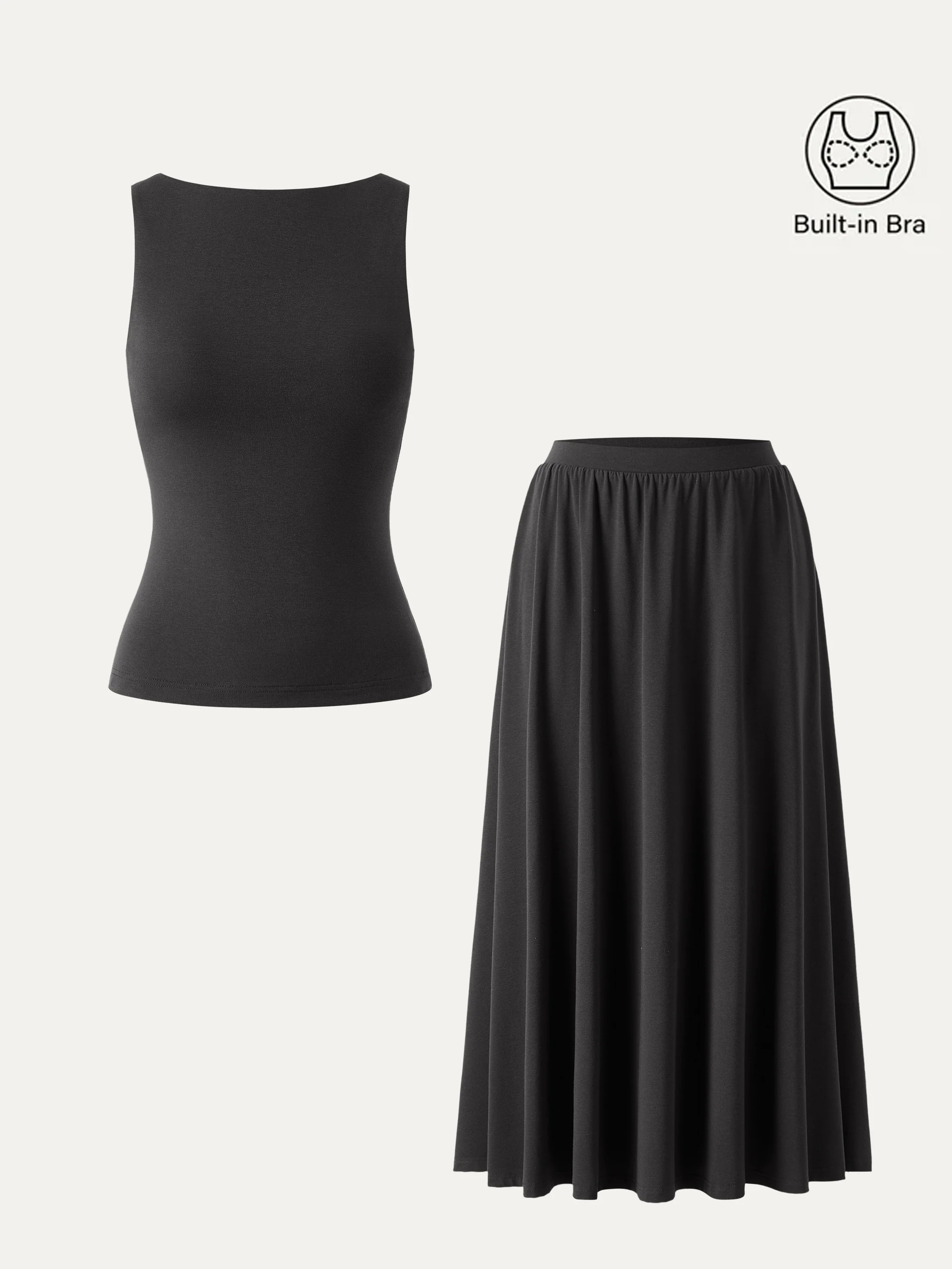 2Pcs Set Stretch Cotton Boatneck Brami Tank & Maxi Umbrella Skirt with Pockets