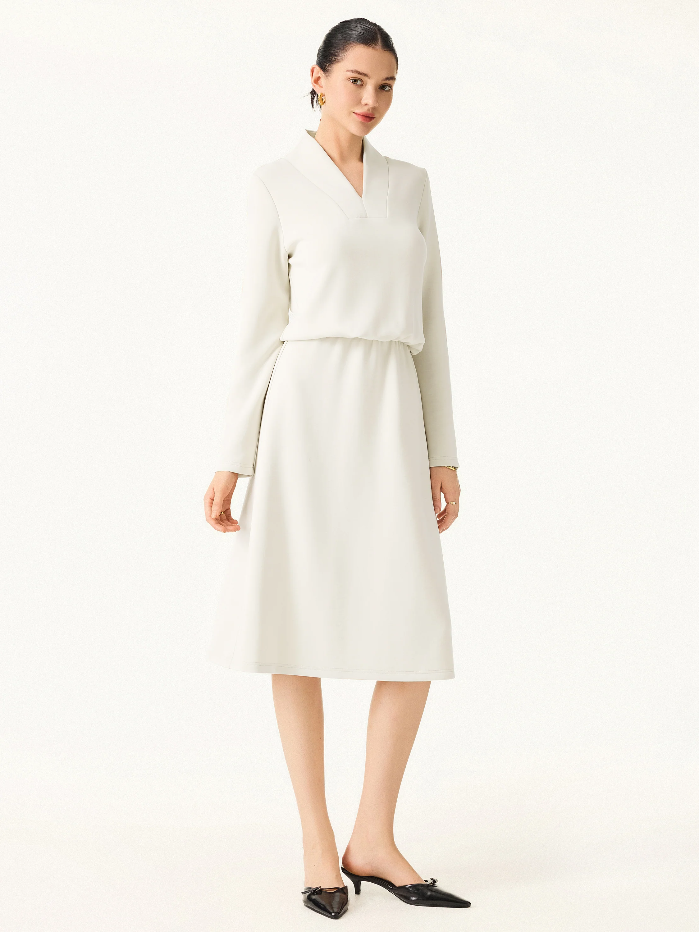 Elevated V-neck Long-sleeve Cinched Midi Dress
