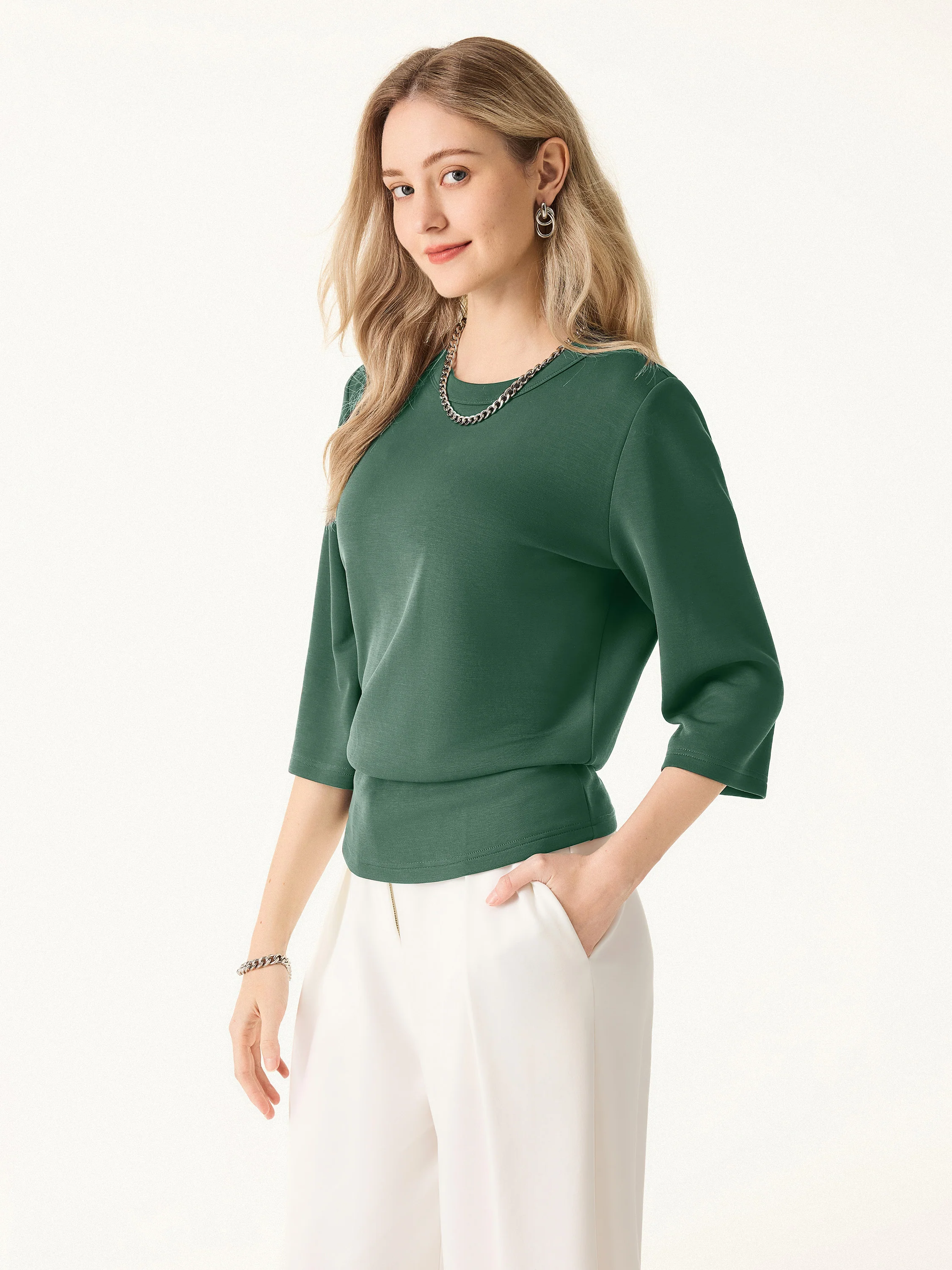 2Pcs Set Crewneck 3/4 Sleeve Top & Mid Rise Straight Leg Pull-on Trousers with Pockets