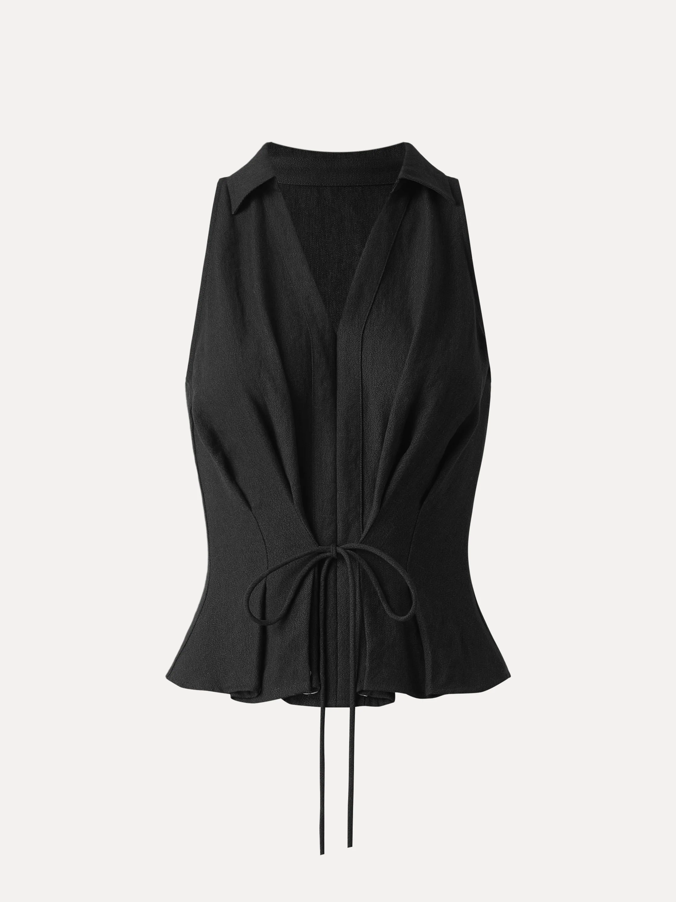 Collared V-neck Pleated Sleeveless Top with Drawstring