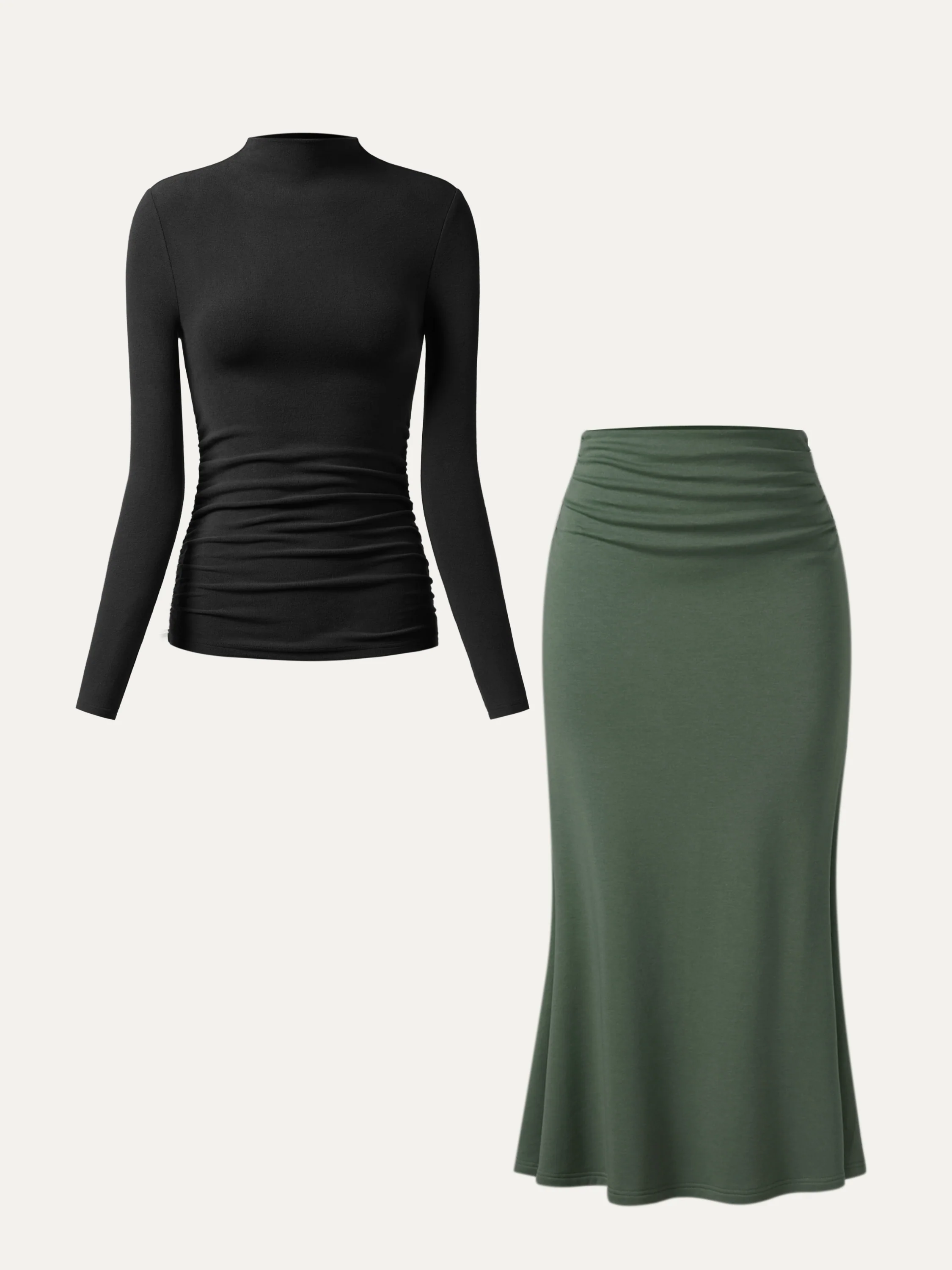 2Pcs Set Ruched Sides Mockneck Top & Mermaid Maxi Skirt