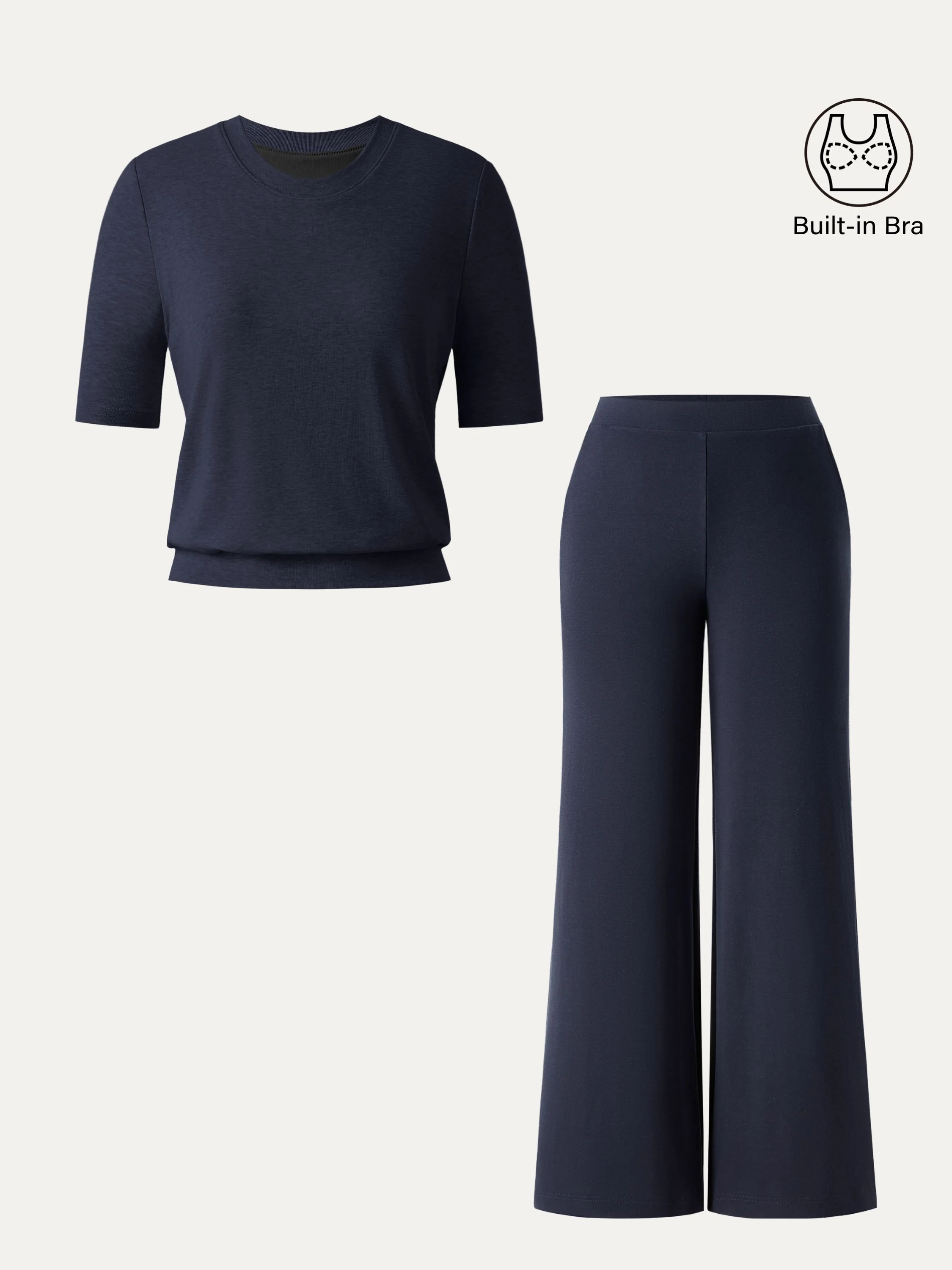 2Pcs Set Crewneck Brami with Banded Hem & Mid Rise Wide Leg Petite Pants with Pockets