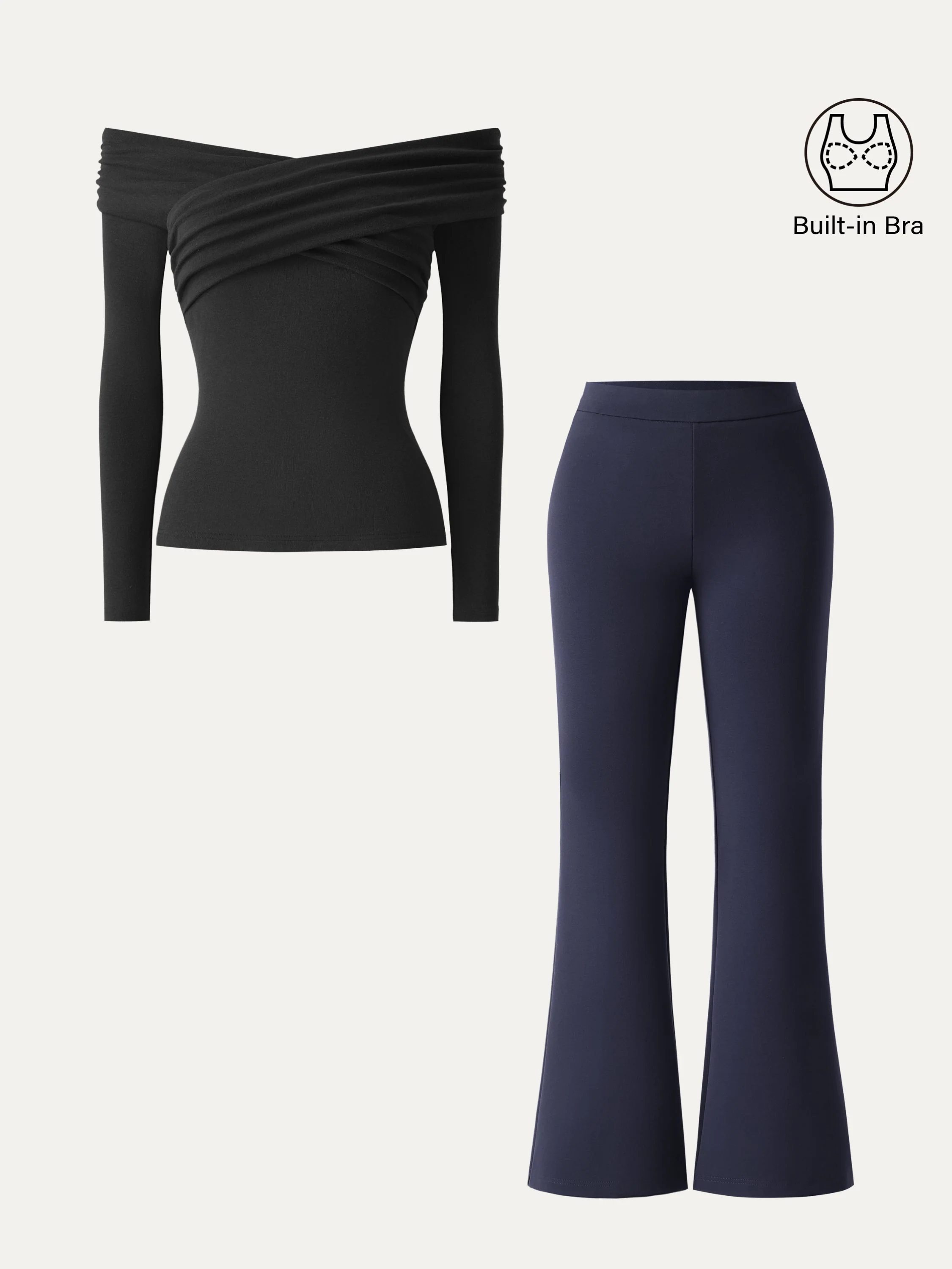 2Pcs Set Criss Cross Off-Shoulder Brami & High Rise Pull-on Flared Petite Pants