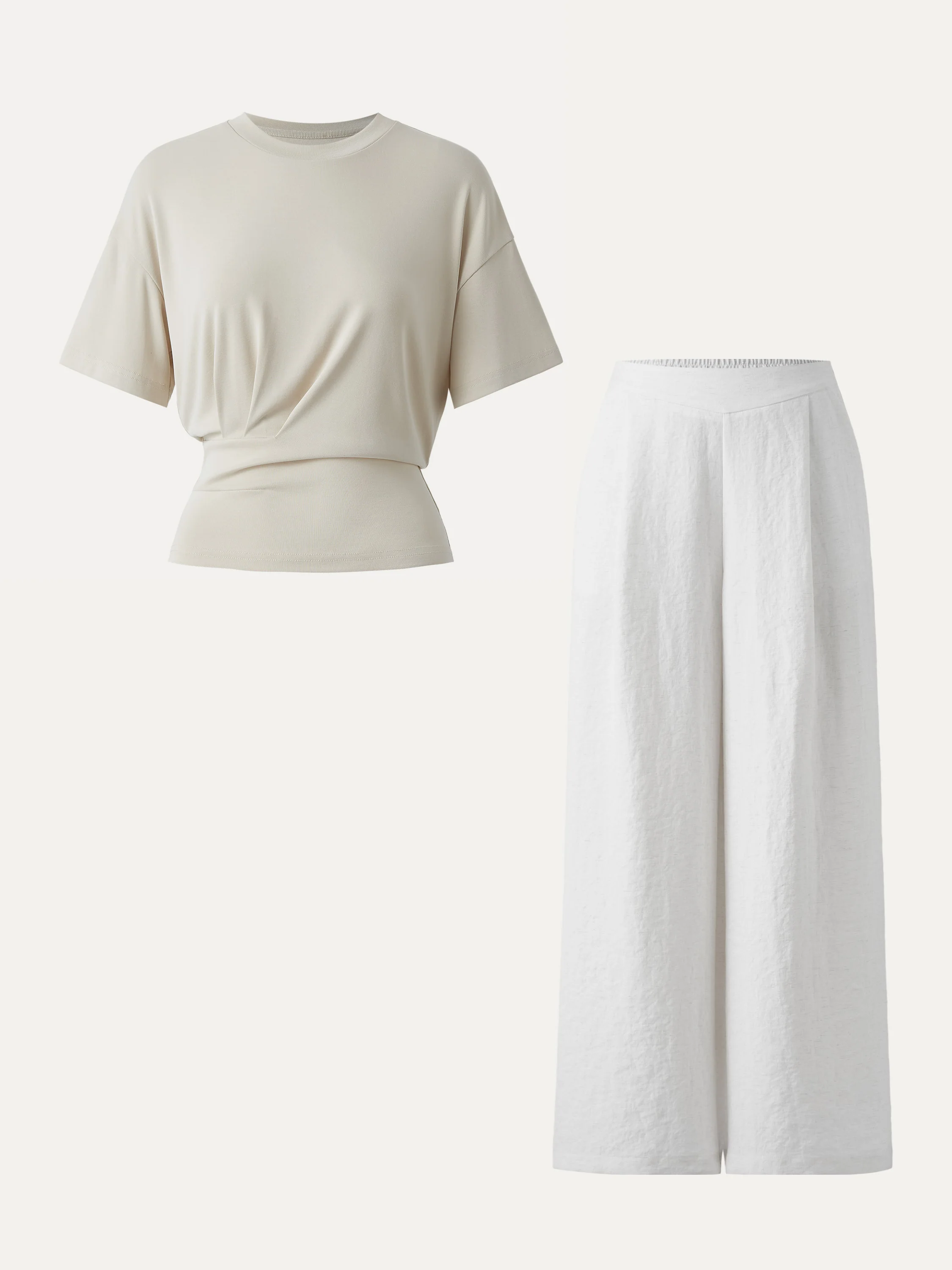 2Pcs Set Sandwashed Crewneck Short Sleeve Tee & Linen Mid Rise Wide Leg Pant with Pockets