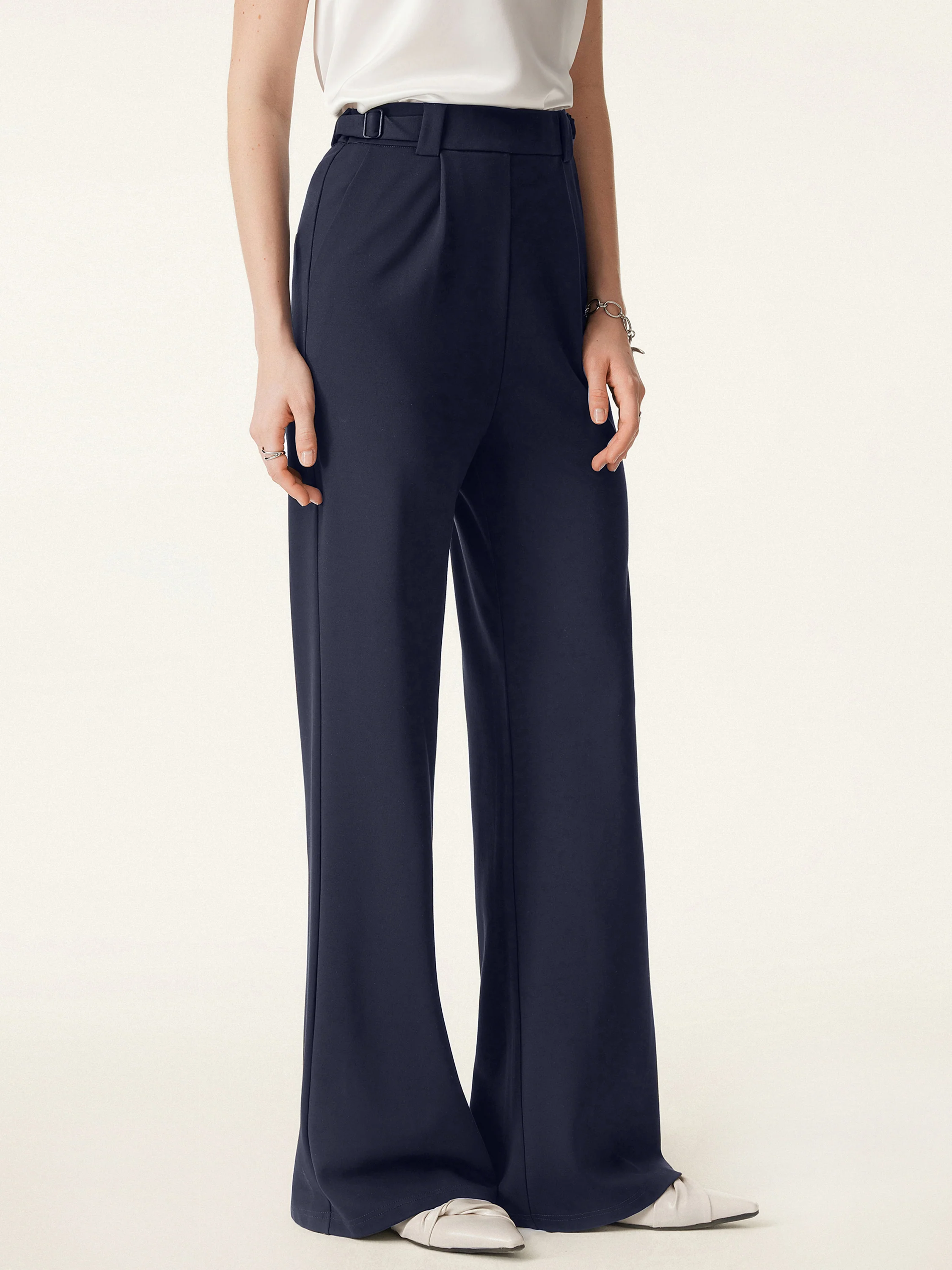 High Rise Pull-on Wide Leg Pants with Adjustable Bar