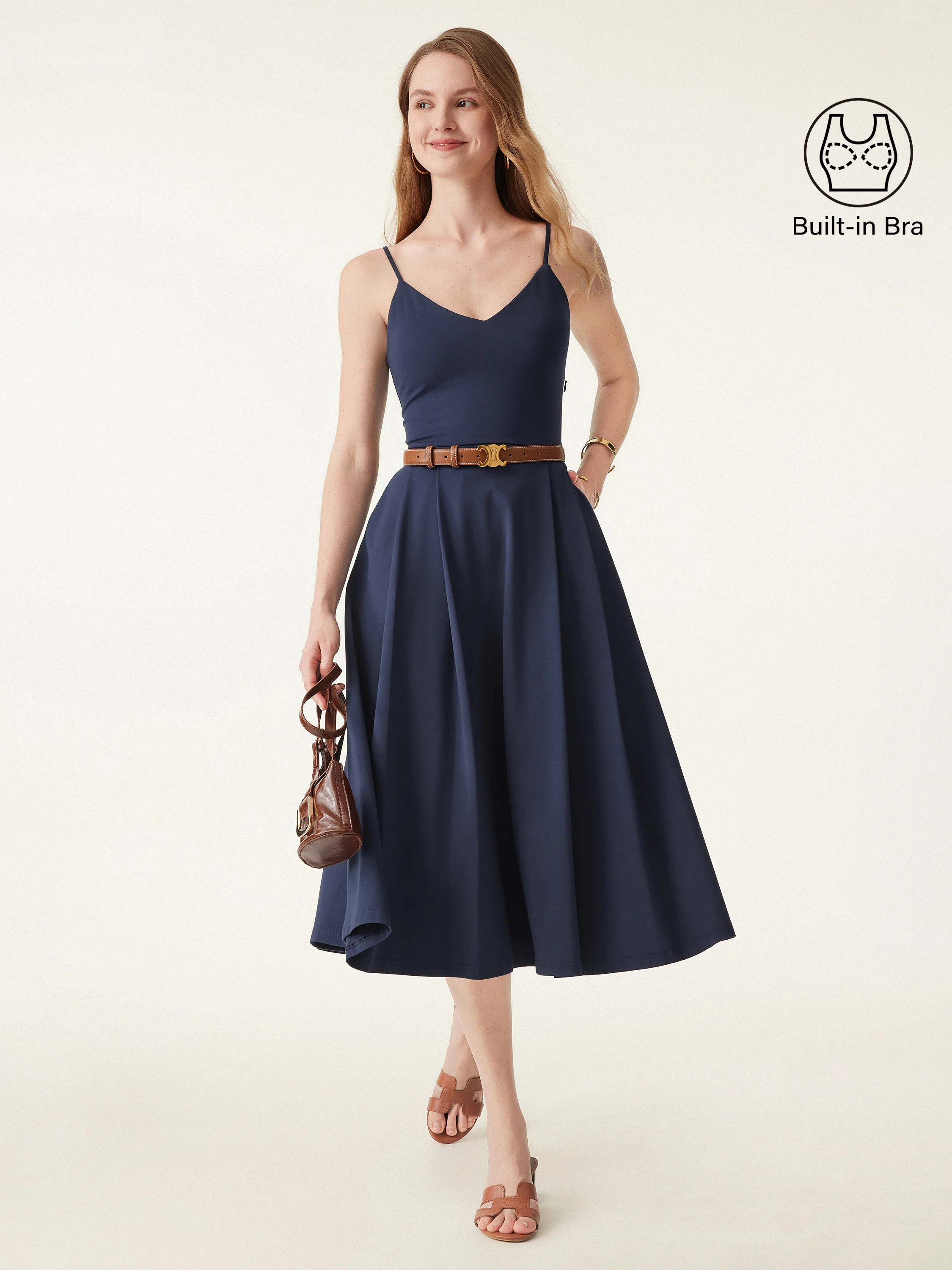 Bamboo Ponte V-neck Fit-and-flare Midi Sundress with Pockets