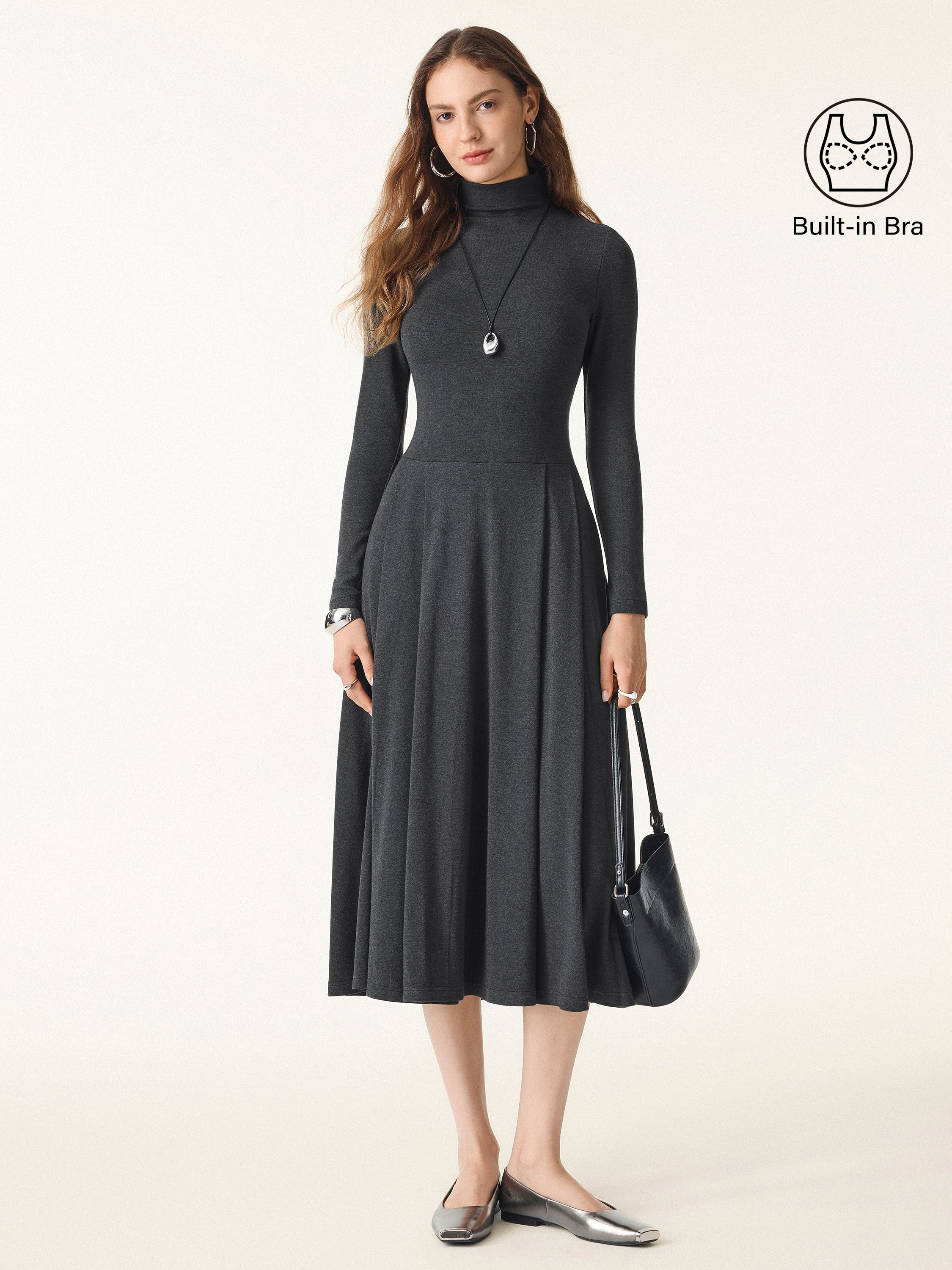 Light Warm Mockneck Pleated Midi Brami Dress with Pockets