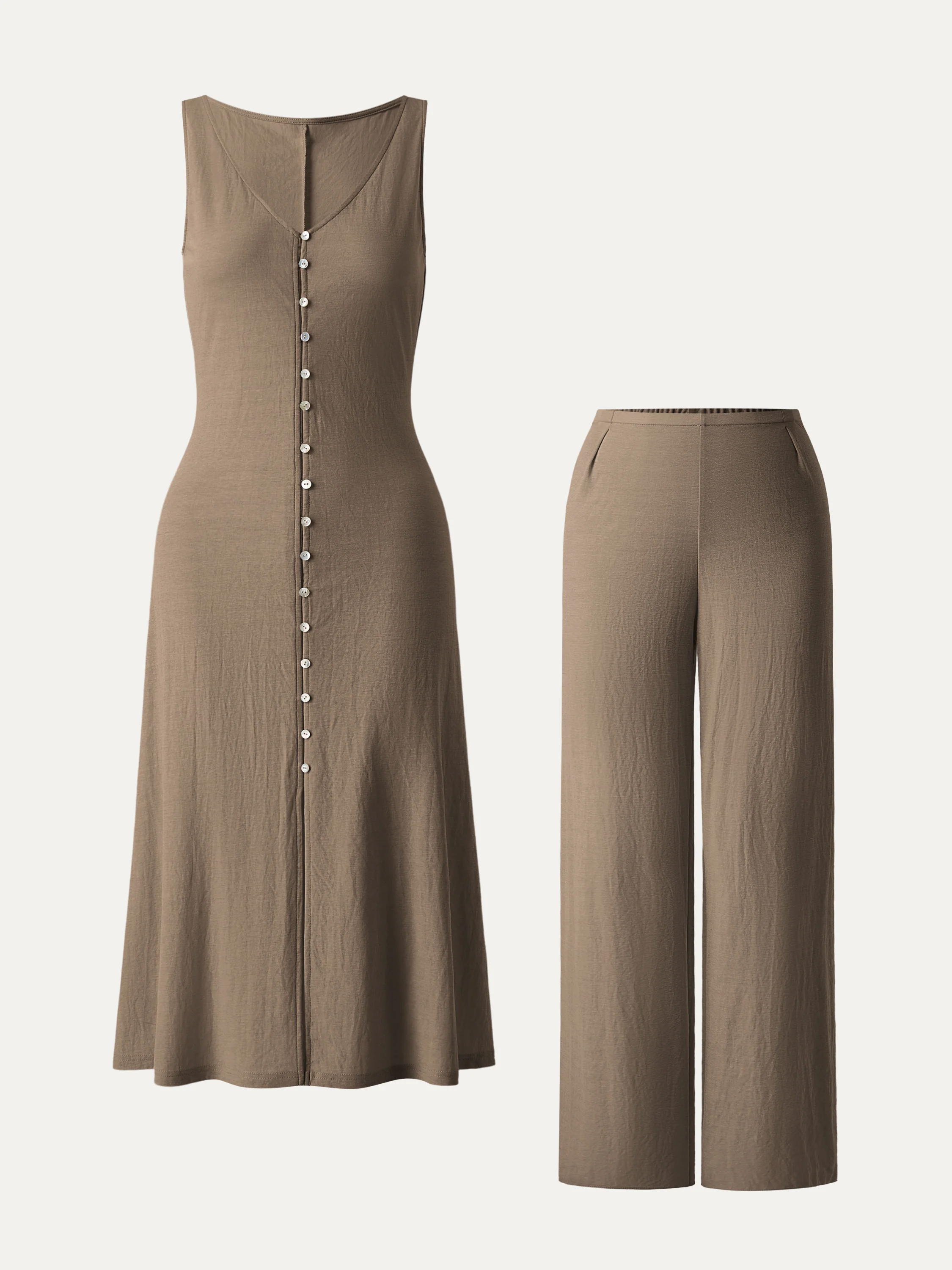 2 - Piece Set V - Neck Button - Front Midi Vest Dress and Mid - Rise Straight - Leg Pants