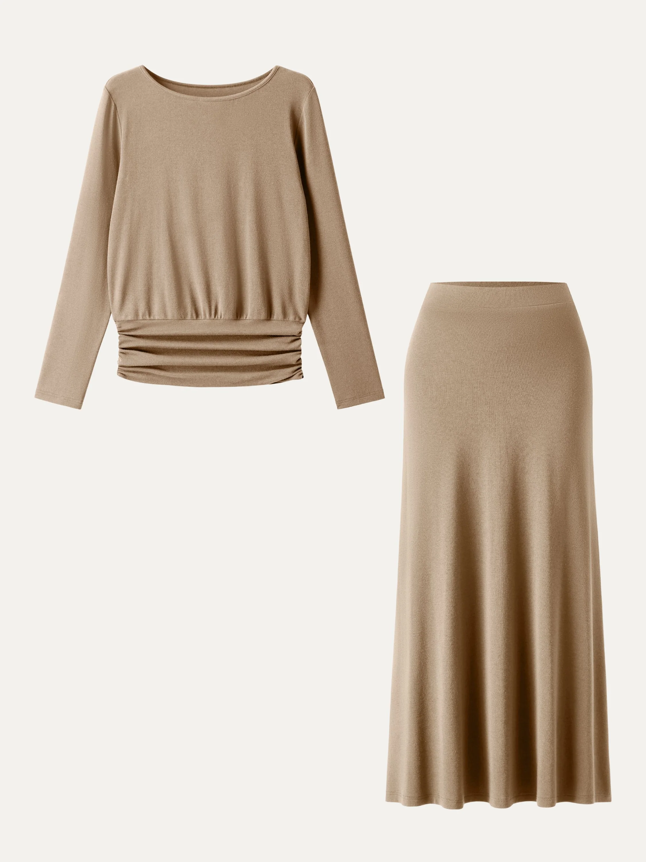 2Pcs Set Light Warm Round Neck Side Ruched Top & Pull-on Circle Flared Maxi Skirt