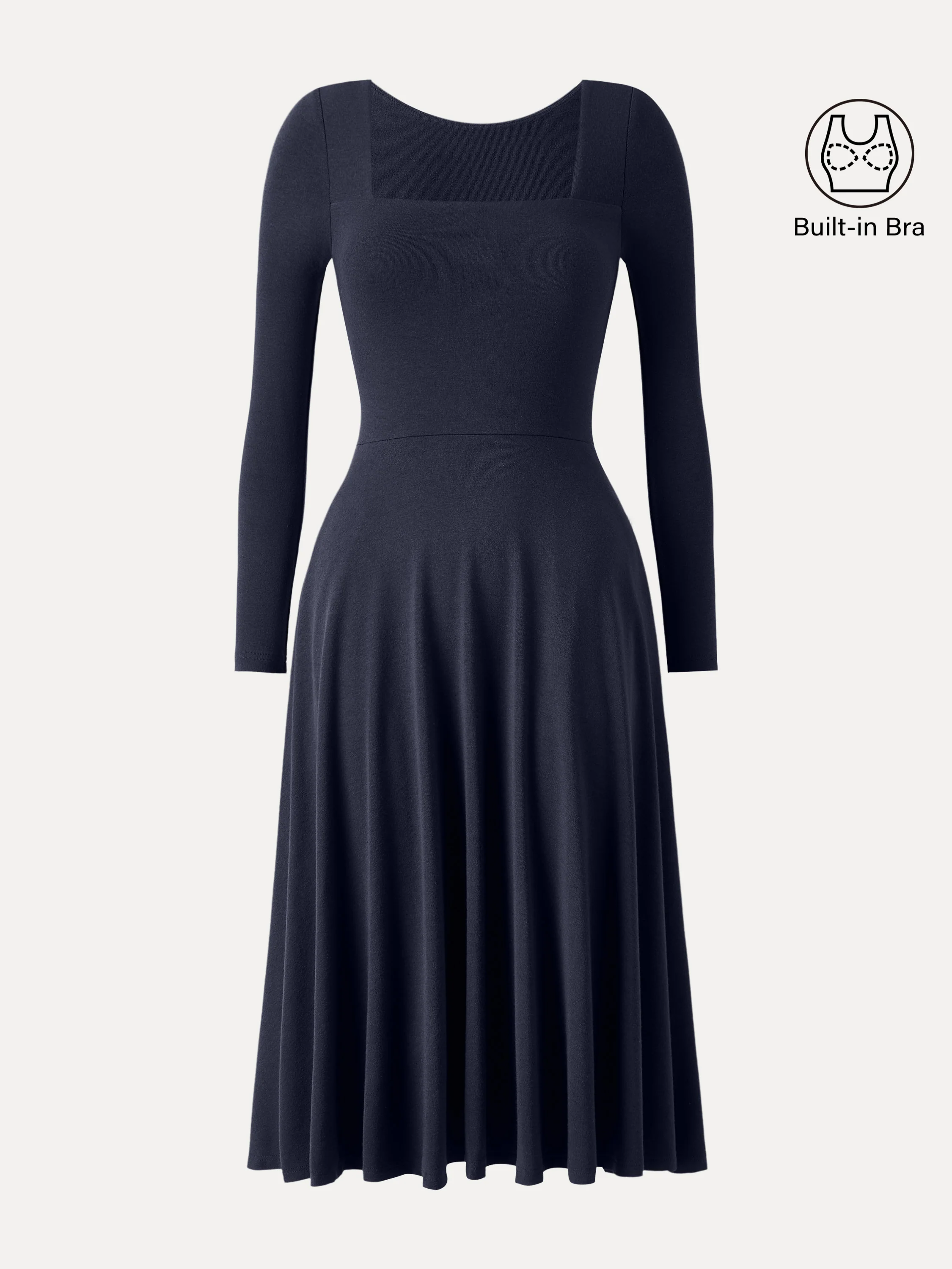 Essential Square Neck Long Sleeve Fit-and-Flare Brami Midi Dress with Pockets