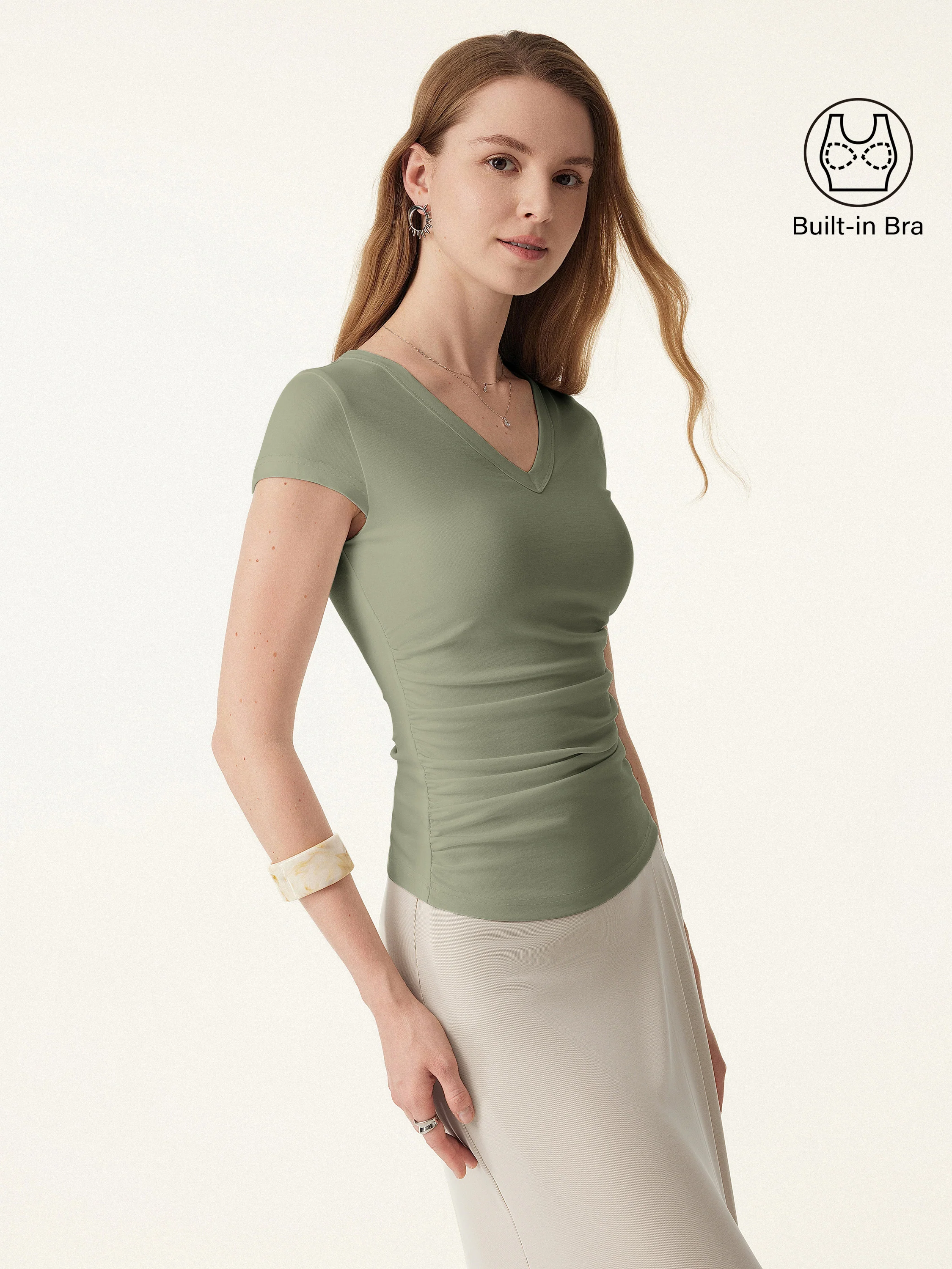 2-Piece Set Elevated V-Neck Side-Ruched Cap-Sleeve Bra Tee