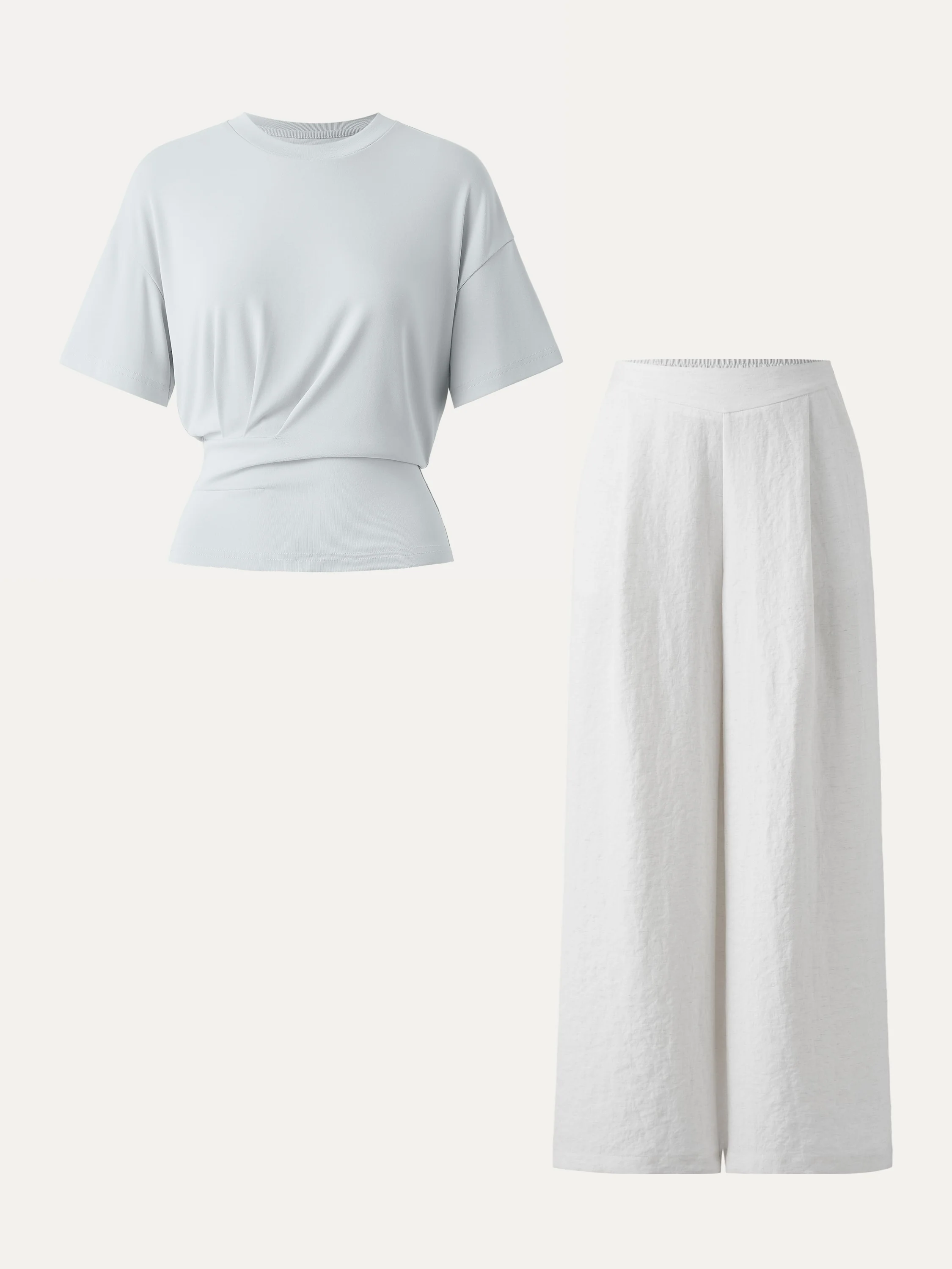 2Pcs Set Sandwashed Crewneck Short Sleeve Tee & Linen Mid Rise Wide Leg Pant with Pockets