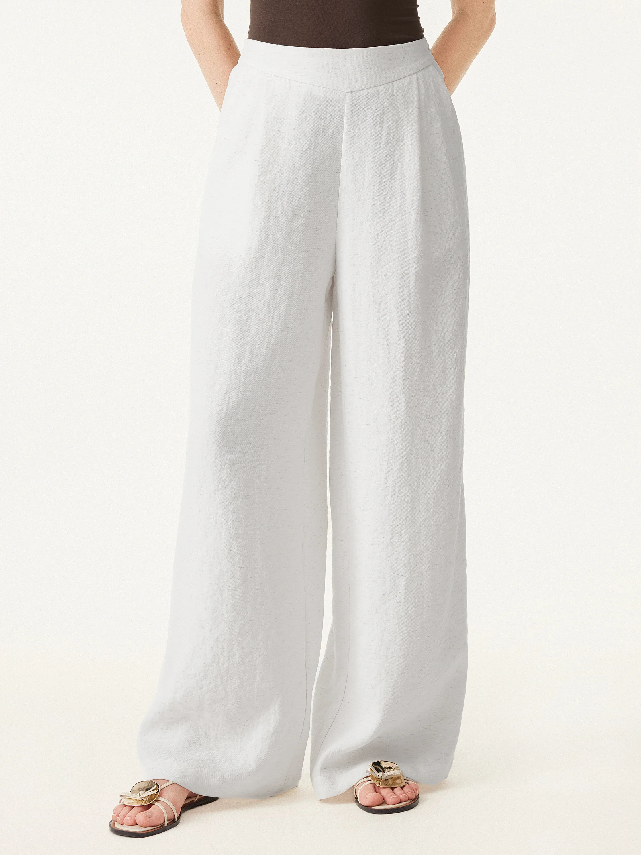 Airy Linen Mid-Rise Wide-Leg Pants with Pockets