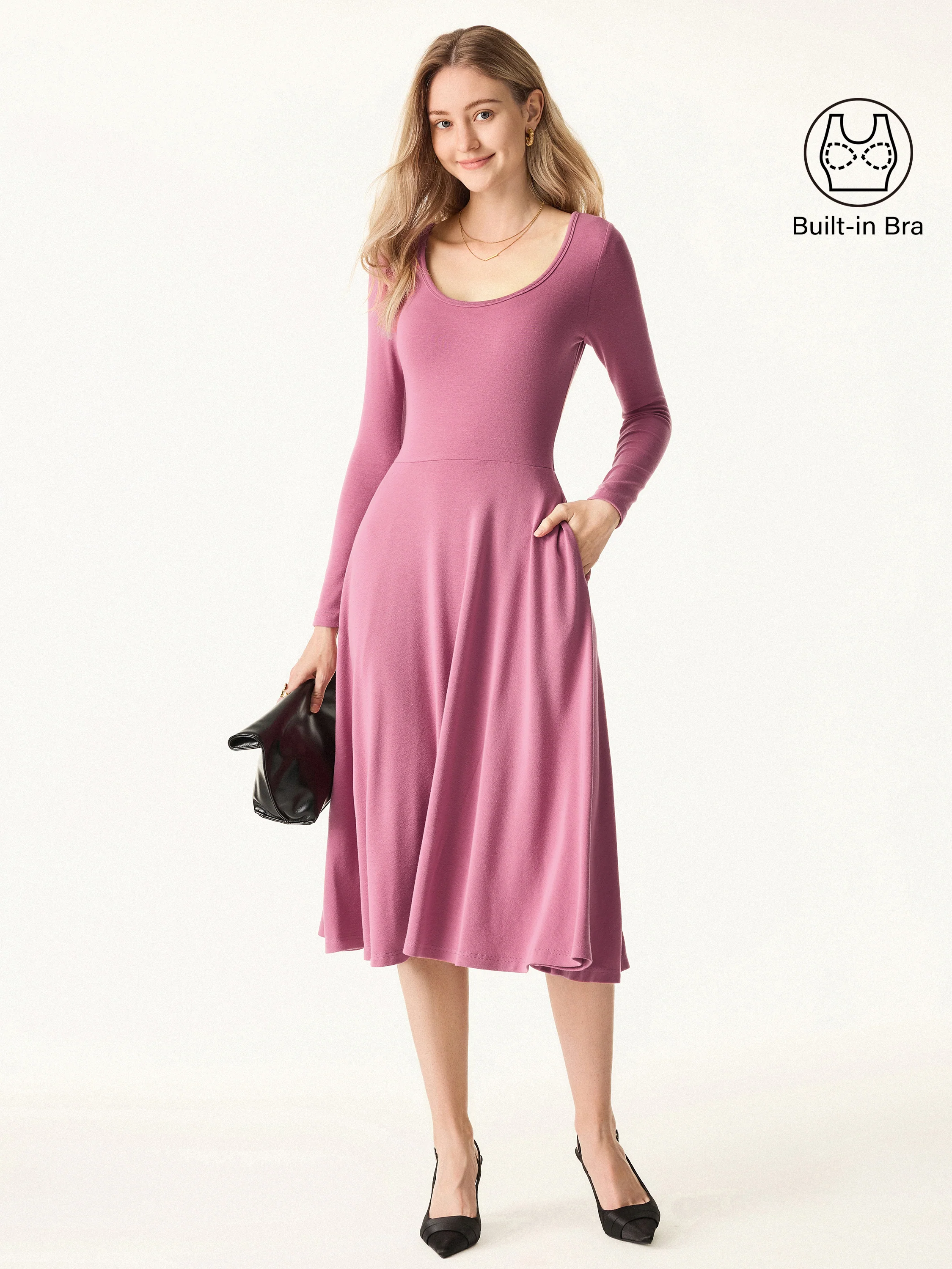 Essential Scoop Neck Long Sleeve Midi Brami Dress with Pockets