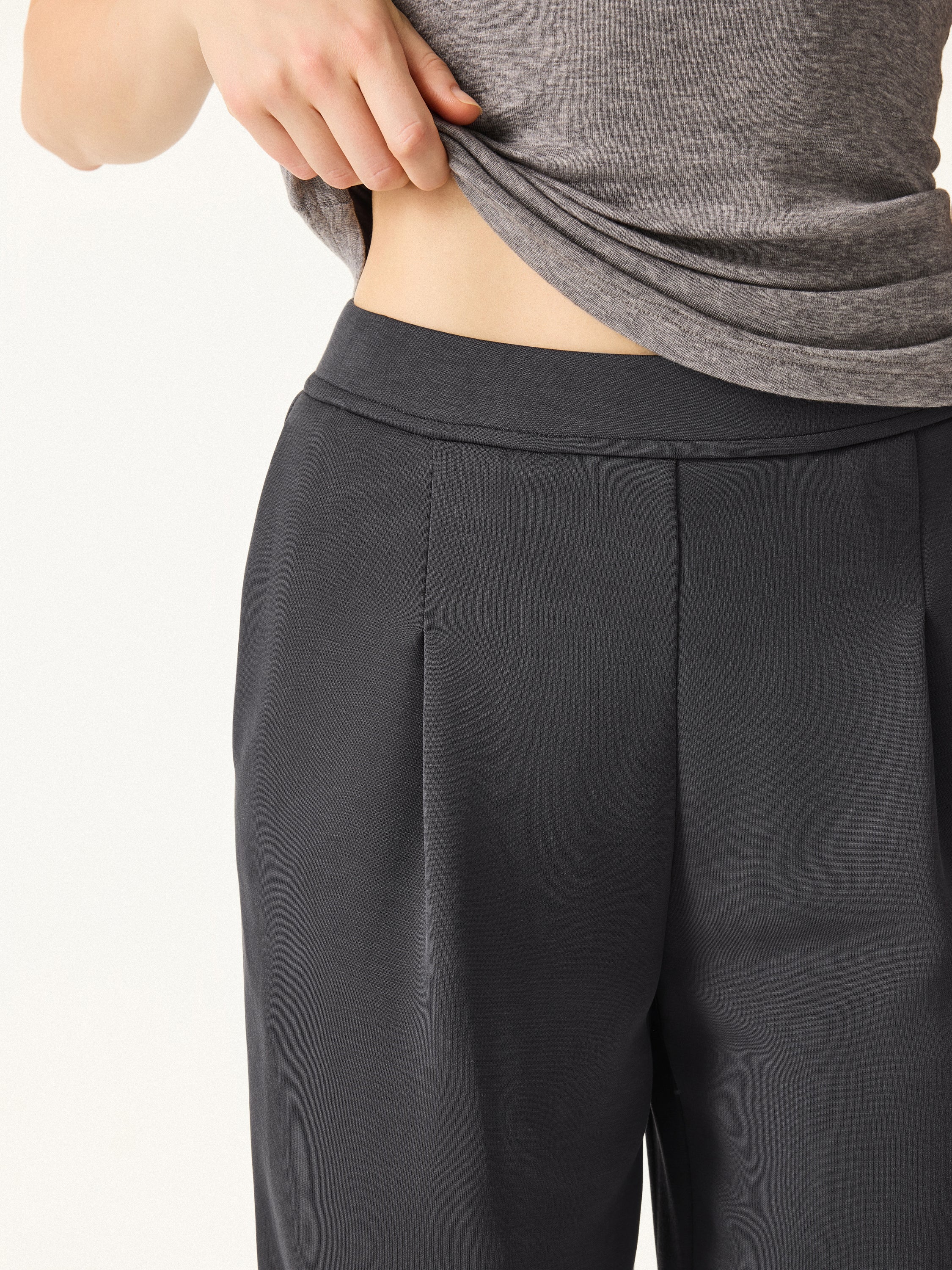 2Pcs Set Crewneck 3/4 Sleeve Top & Mid Rise Straight Leg Pull-on Trousers with Pockets