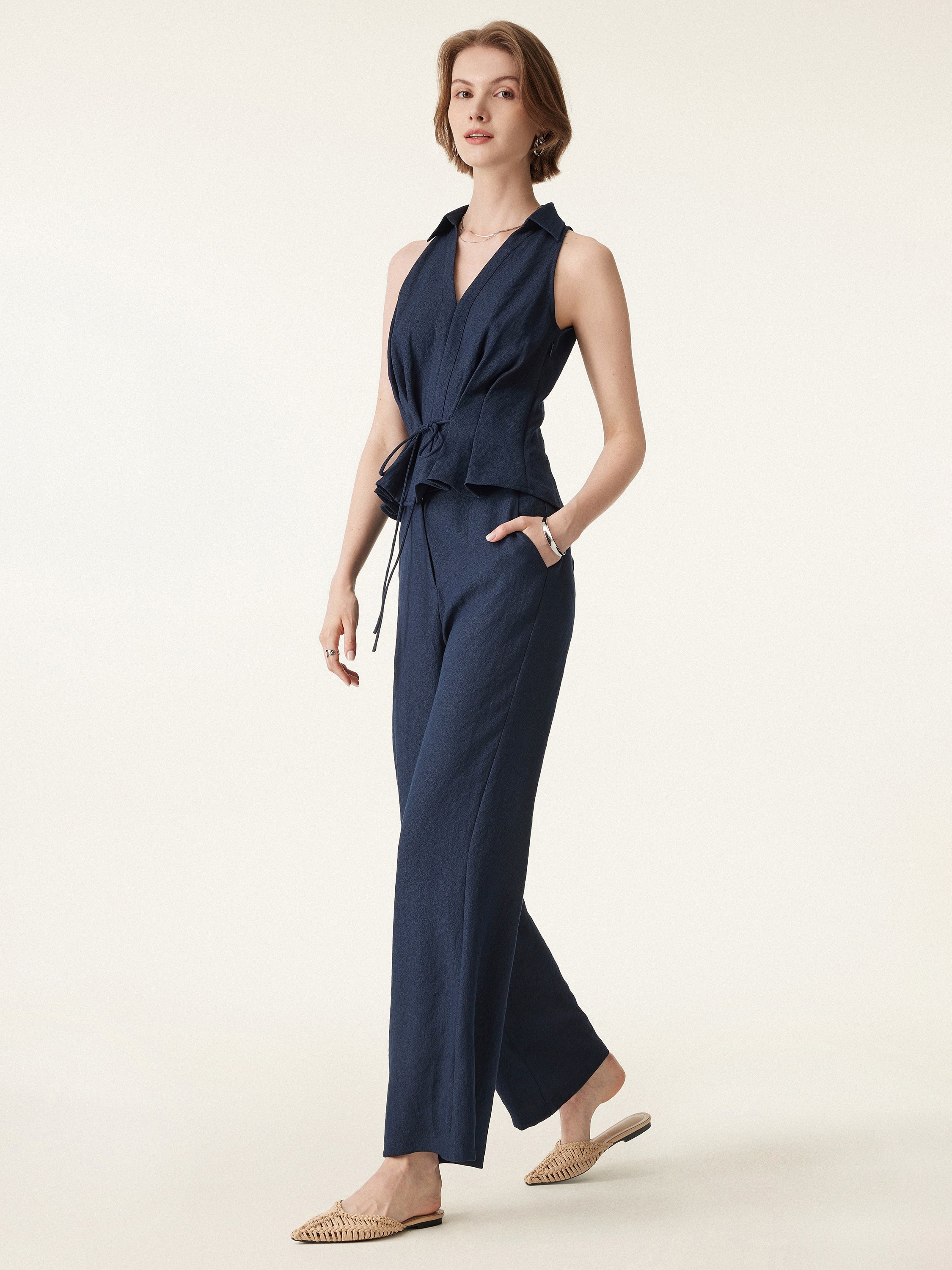 2-Piece Set: Collared V-Neck Sleeveless Top and Mid-Rise Flared Pants with Pockets