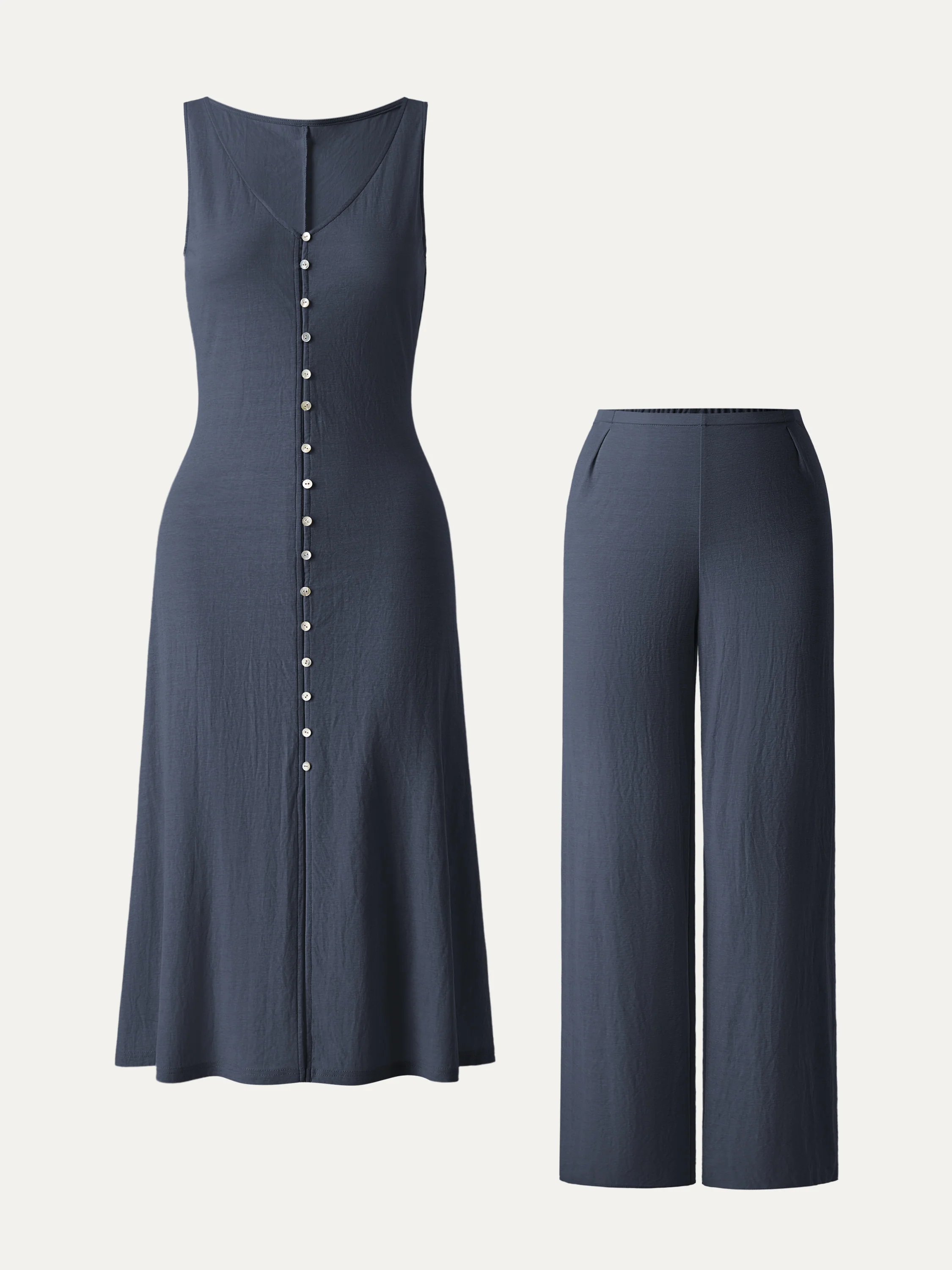 2 - Piece Set V - Neck Button - Front Midi Vest Dress and Mid - Rise Straight - Leg Pants