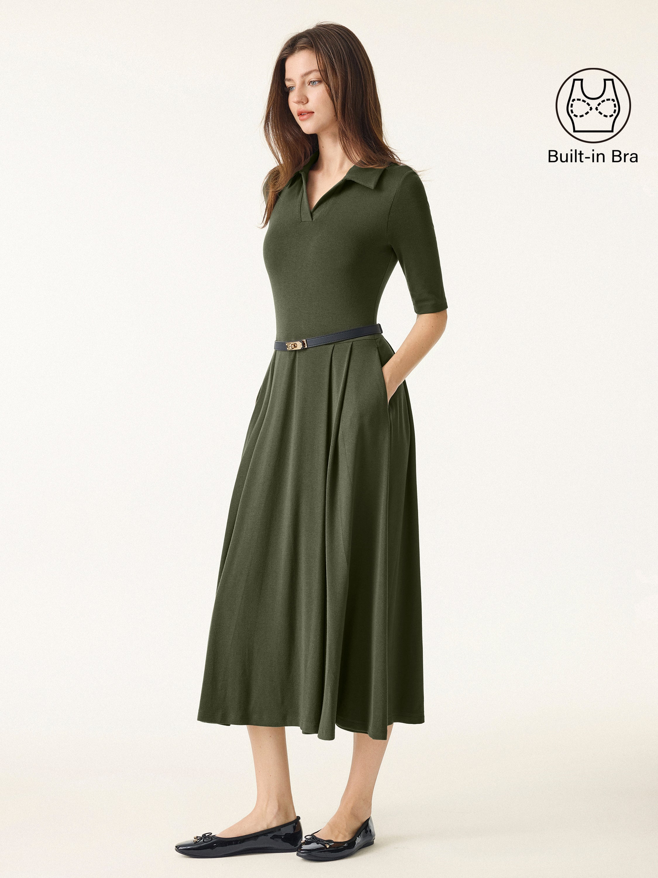 Polo Neck Elbow-Length Sleeve Midi Dress with Pockets