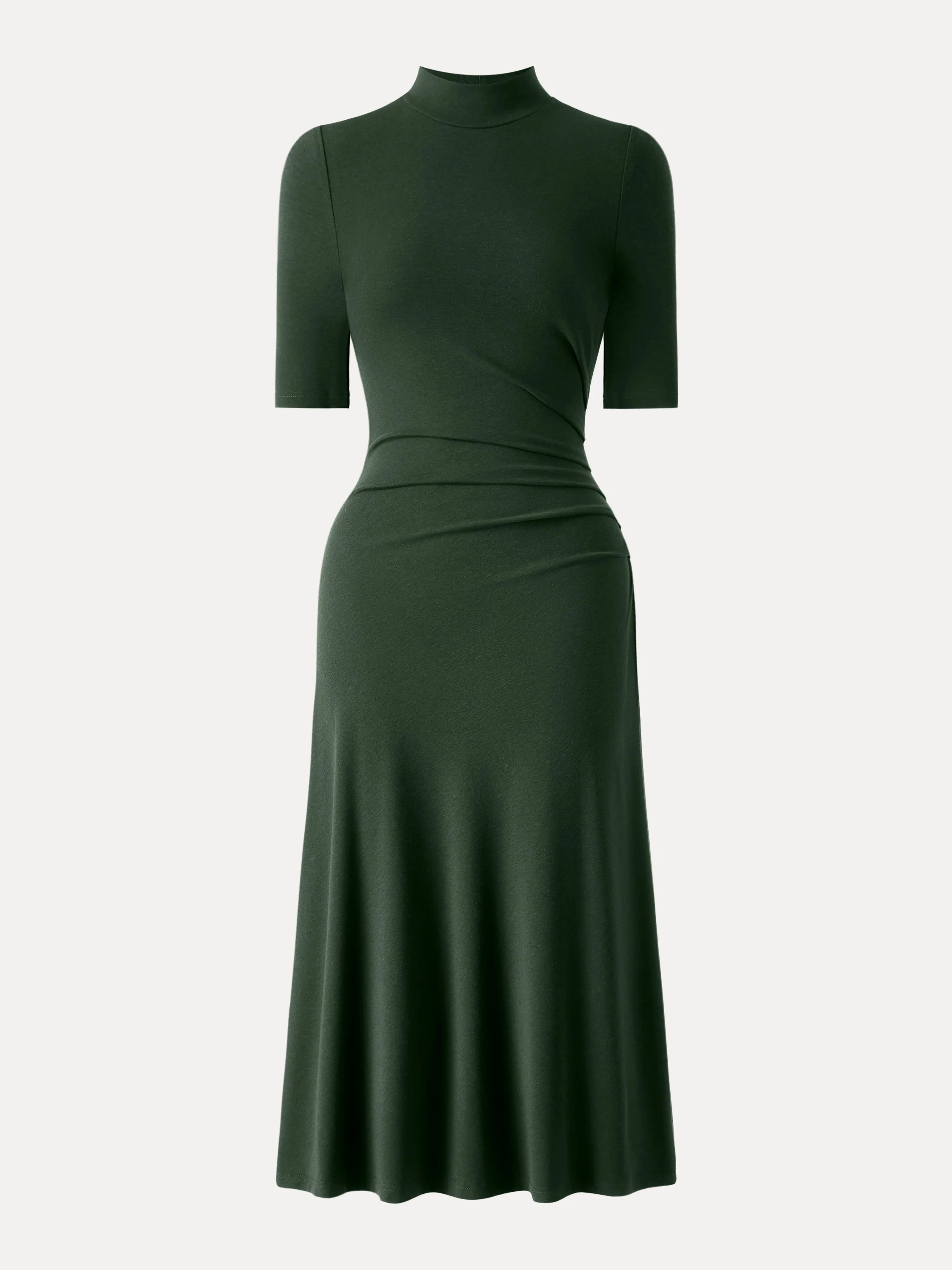 Mock Neck Elbow-Length Sleeve Tucked Mid-Length Dress