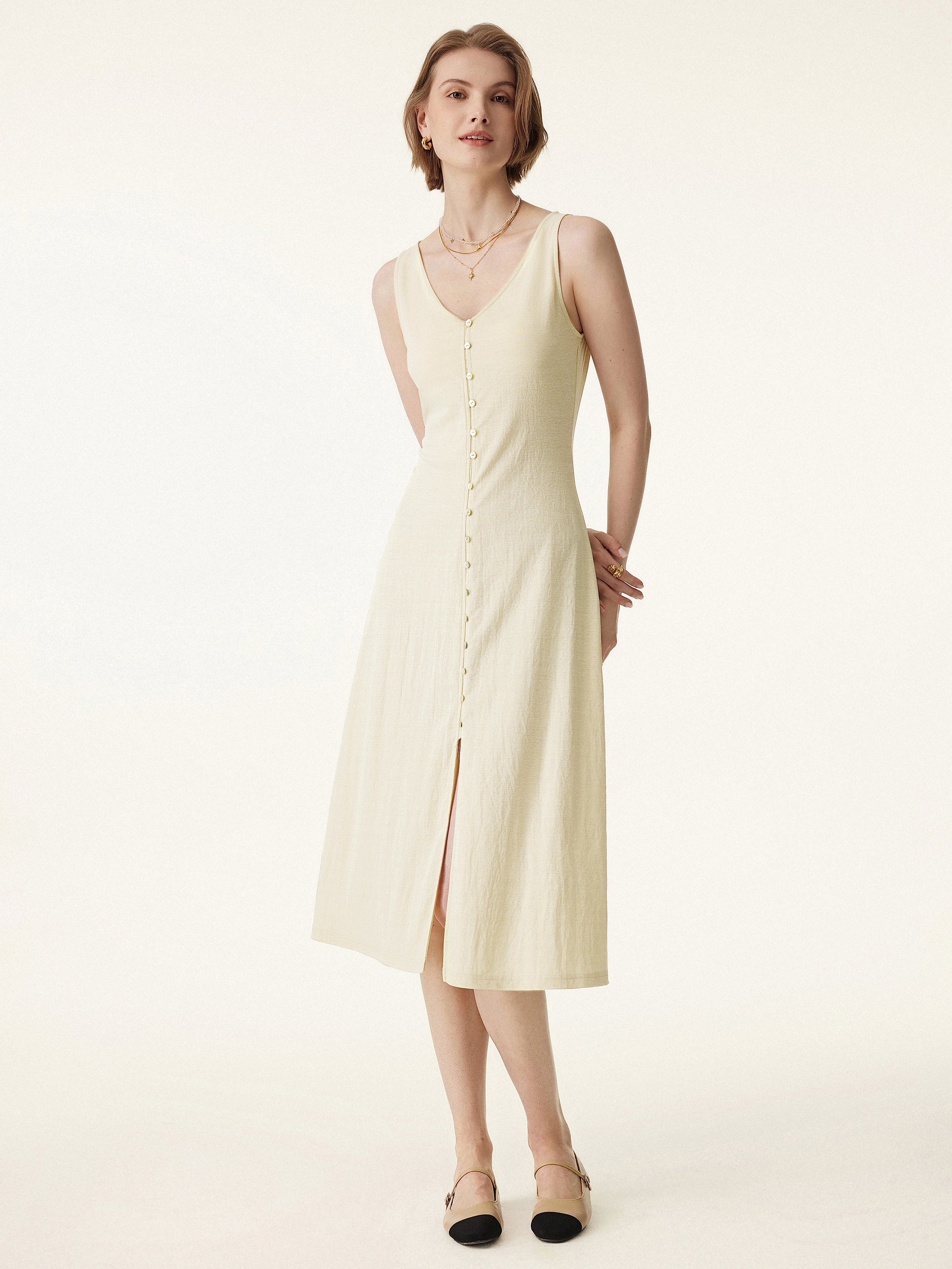 Multi-wear V-neck Button Front Midi Vest Dress