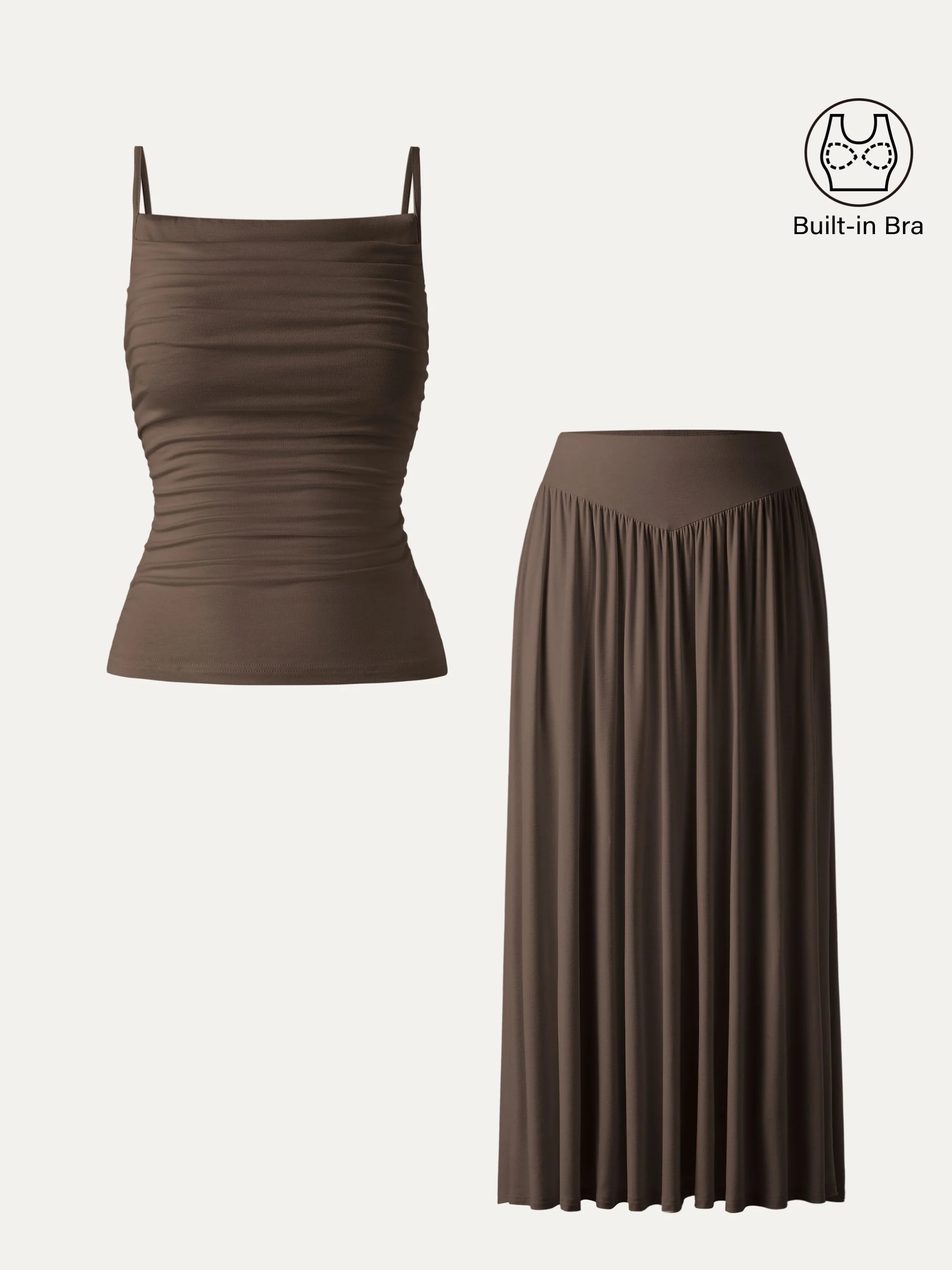 2Pcs Set Adjustable Spaghetti Straps Brami & V-shape Maxi Skirt with Pockets